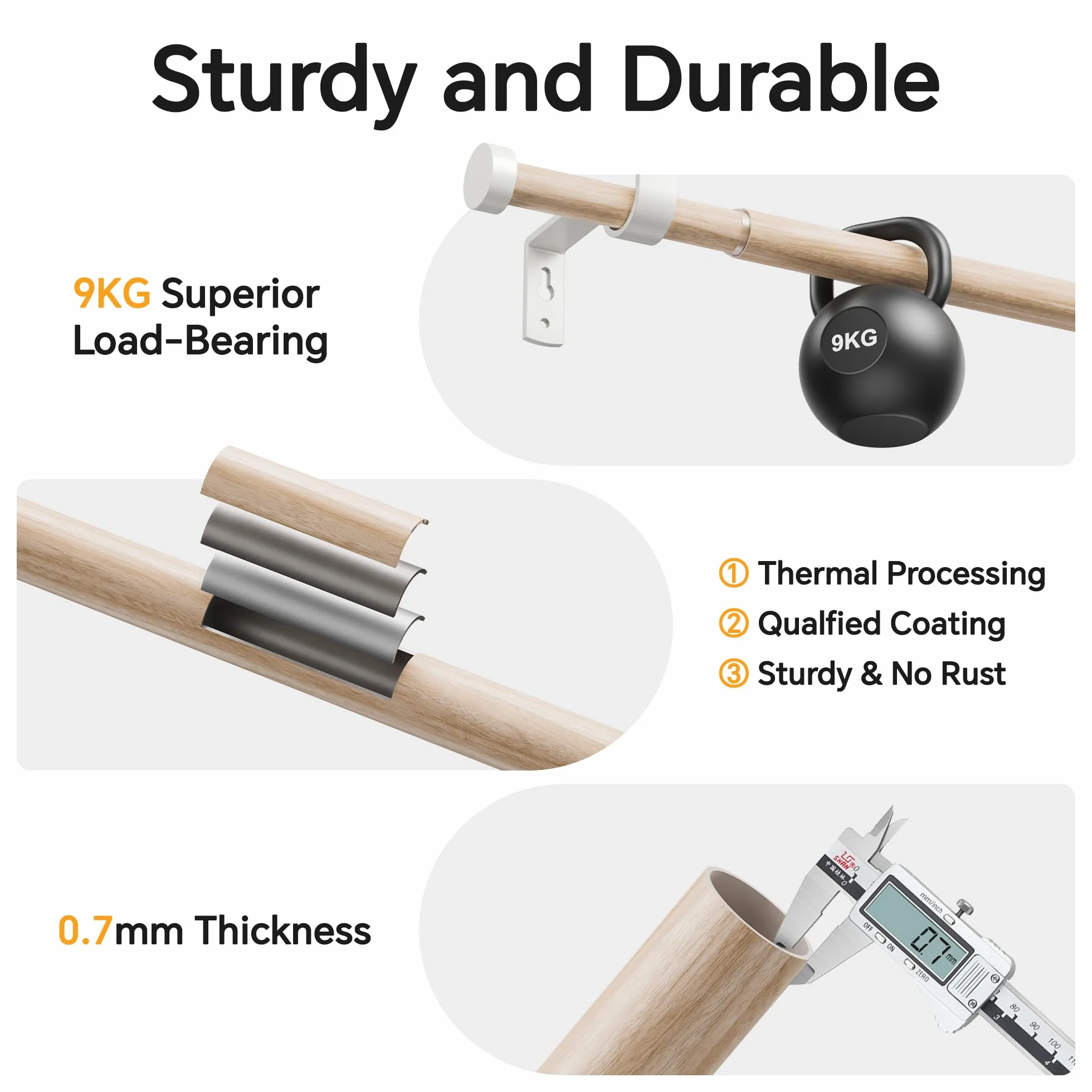 Tringle Rideau Grain de Bois 76-208 CM, Extensible 19 MM avec Embout Blanc, Métallique pour Rideaux à Œillets