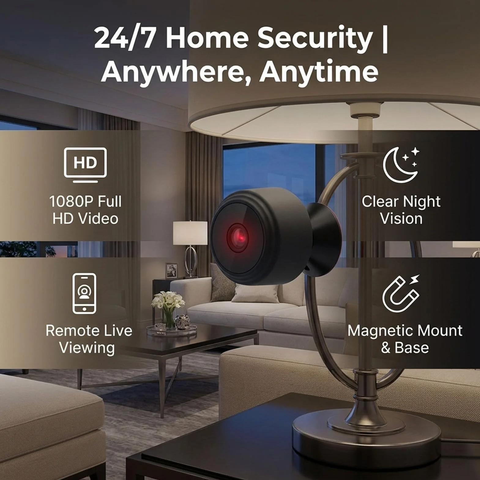 Mini Kamera WiFi 1080P, Noktowizor z możliwością ładowania, Obrót o 360 °, Mała Kamera Wideo do Domowego Biura, Wbudowany Magnes, Kontrola Aplikacji na Smartfona