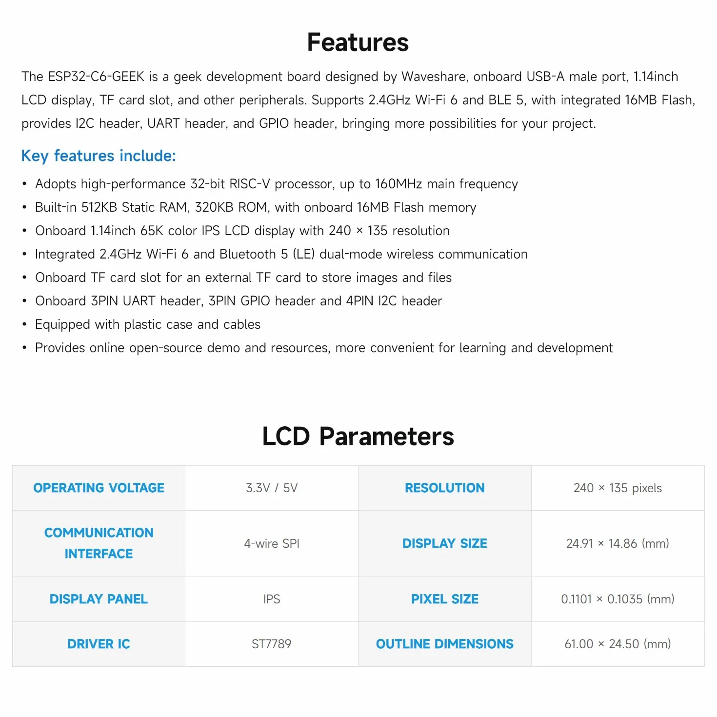 Waveshare ESP32-C6 Geek Development Board 1.14inch 65K Color LCD Display 240x135 2.4GHz Wi-Fi 6 BLE 5 USB-A White Case