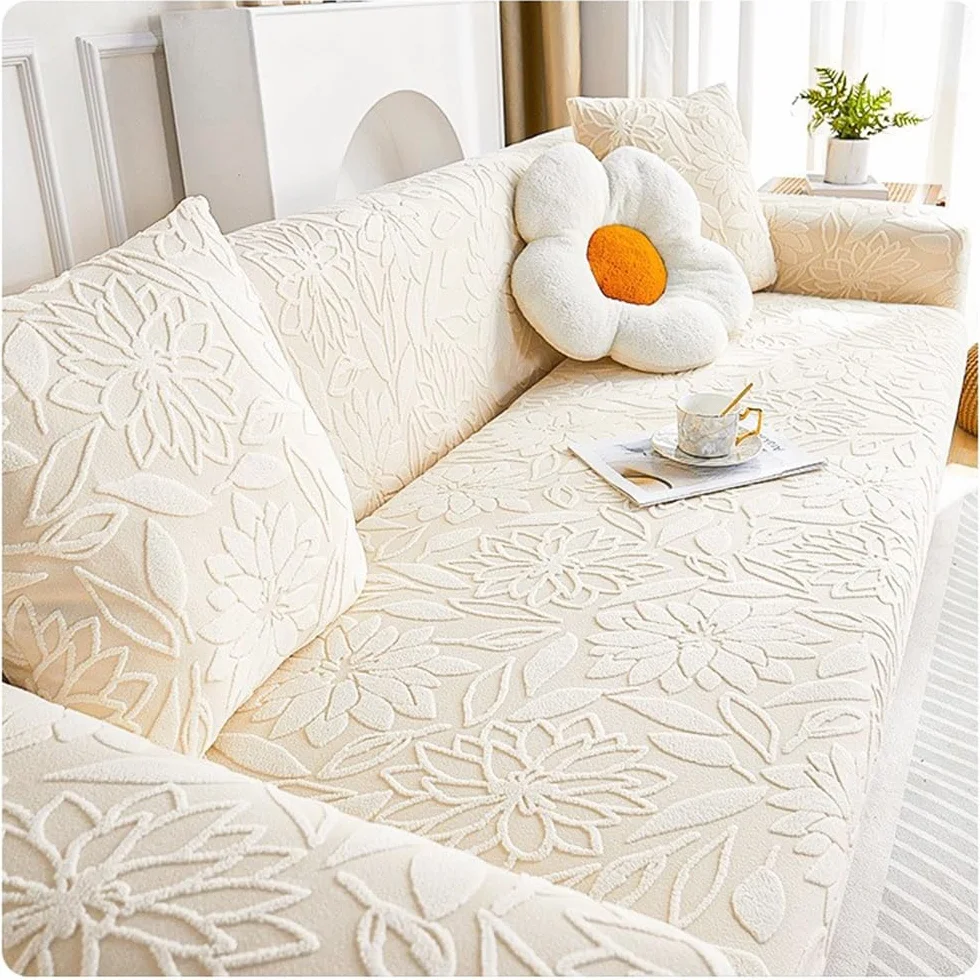 RKK Housse De Canapé Élastique Camellia Jacquard Antidérapante 2 Places 145-185cm Beige