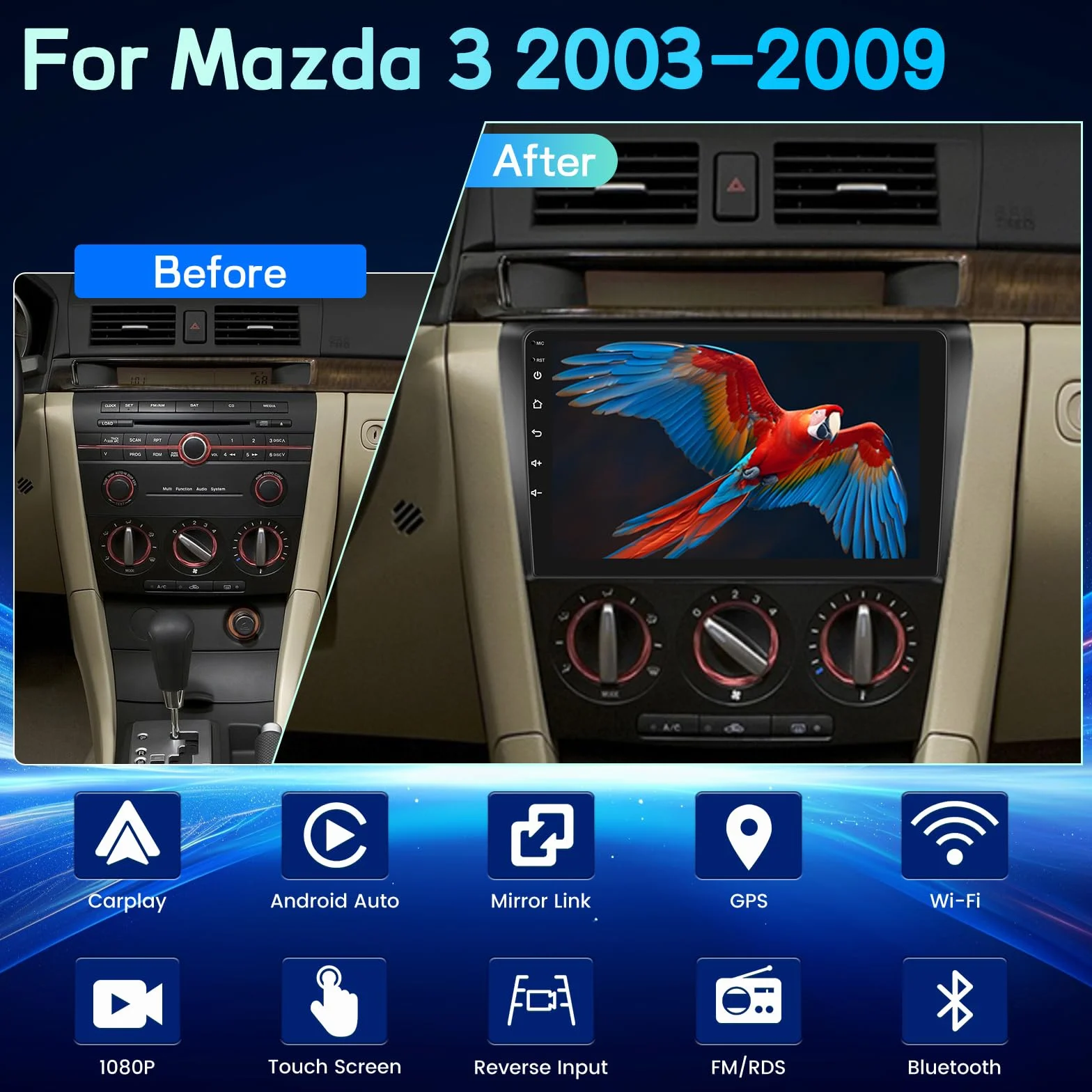 [2G+64G] Android Radio samochodowe do Mazda 3 2003-2009, nawigacja GPS, 9-calowy ekran dotykowy Radio z bezprzewodowym CarPlay i Android Auto, EQ DSP, WiFi, FM RDS, Bluetooth, SWC+kamera cofania