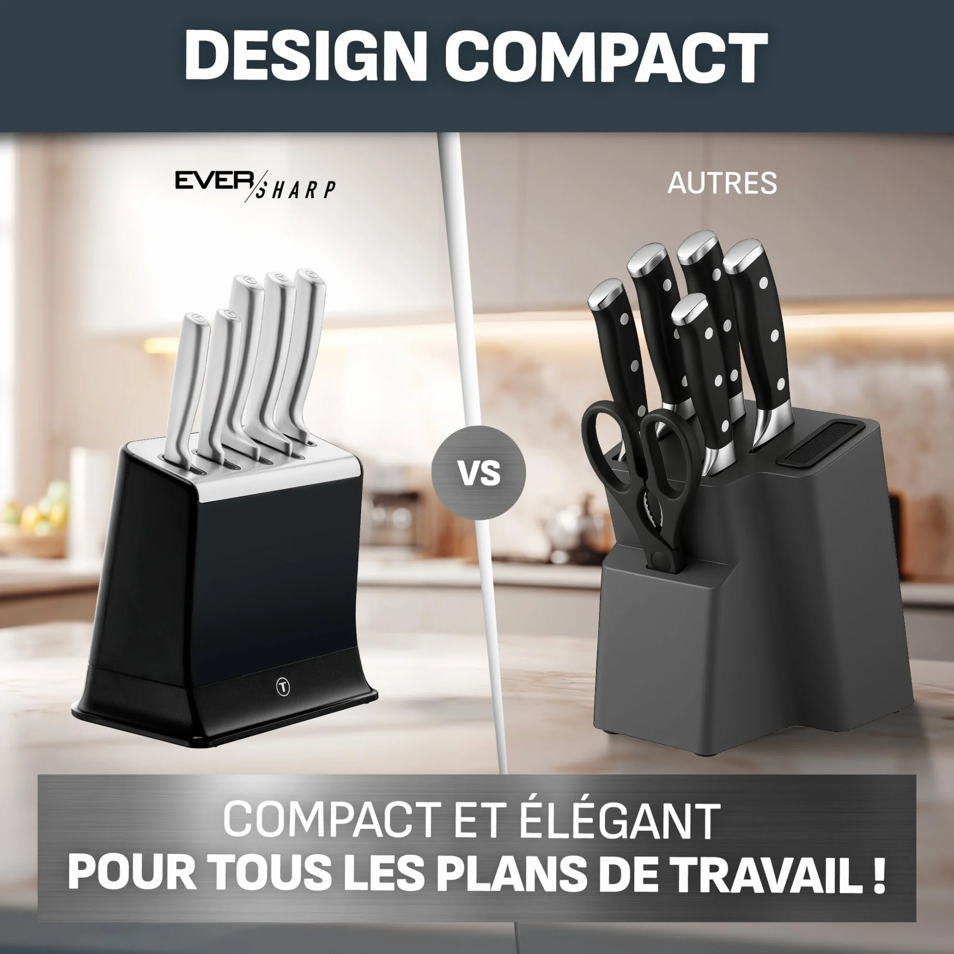 Tefal EverSharp, Set de 5 couteaux en acier inoxydable, Bloc avec affûteur intégré, 5 couteaux, Tranchant durable, K2976S04