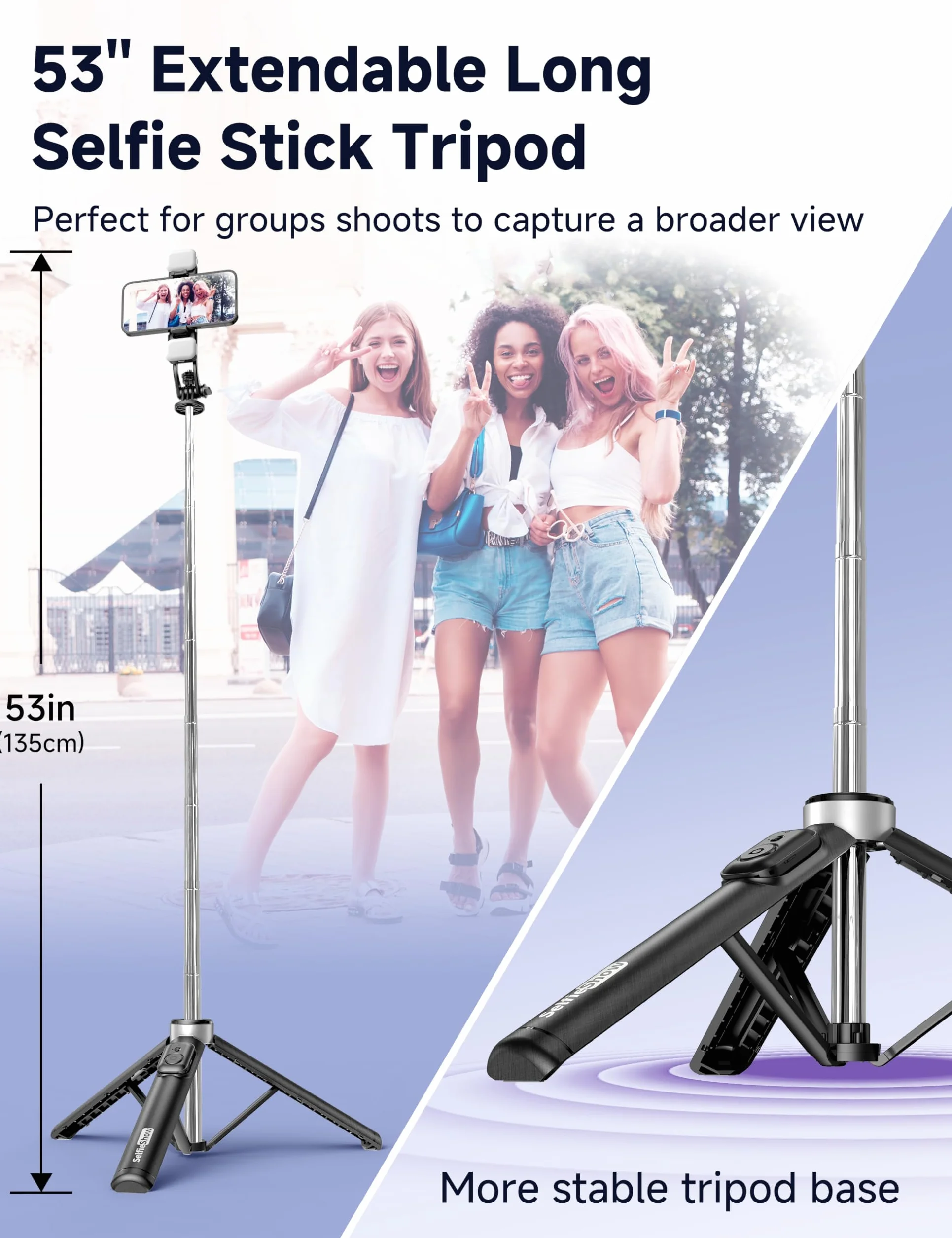 135CM Selfie Stick z 2 lampkami wypełniającymi, uniwersalny statyw do telefonu komórkowego z odłączanym pilotem zdalnego sterowania, przenośny statyw do telefonu komórkowego, stabilny uchwyt do selfie