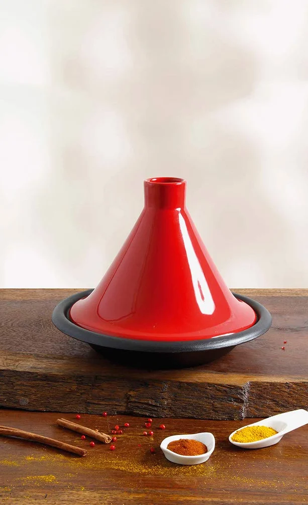 Crealys 509833, Tajine en fonte émaillée noire Ø 31 cm - couvercle en terre-cuite émaillée rouge - compatible avec toutes sources de chaleur y compris Four et Induction