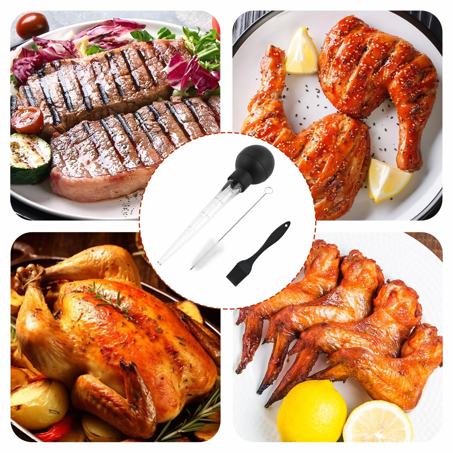 Lot de 2 injecteurs de dinde avec pipette et pinceau, pour huiler et mariner bœuf, porc, poisson