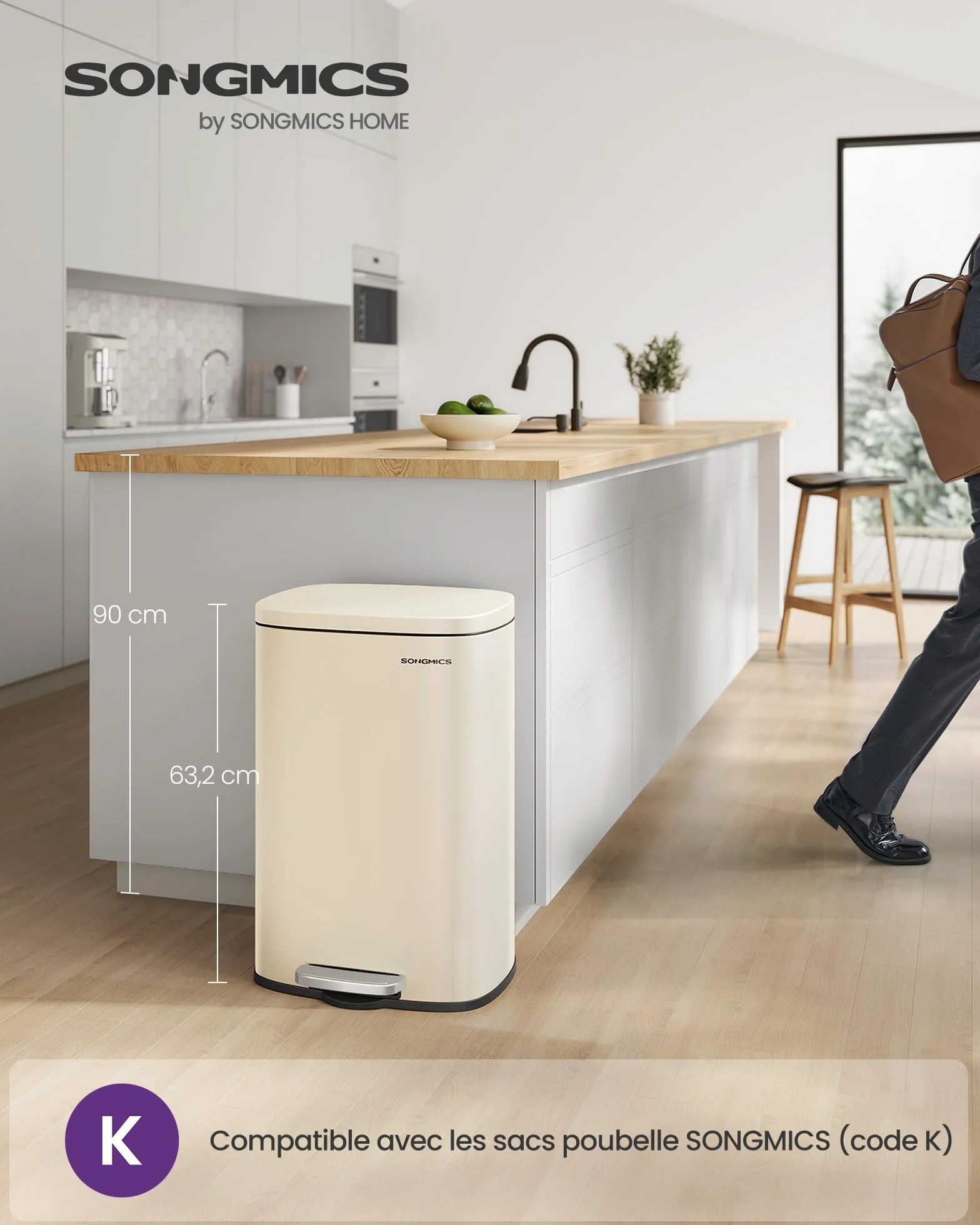 SONGMICS Poubelle Cuisine 50 L, Acier, Pédale, Fermeture en Douceur, Beige Sable