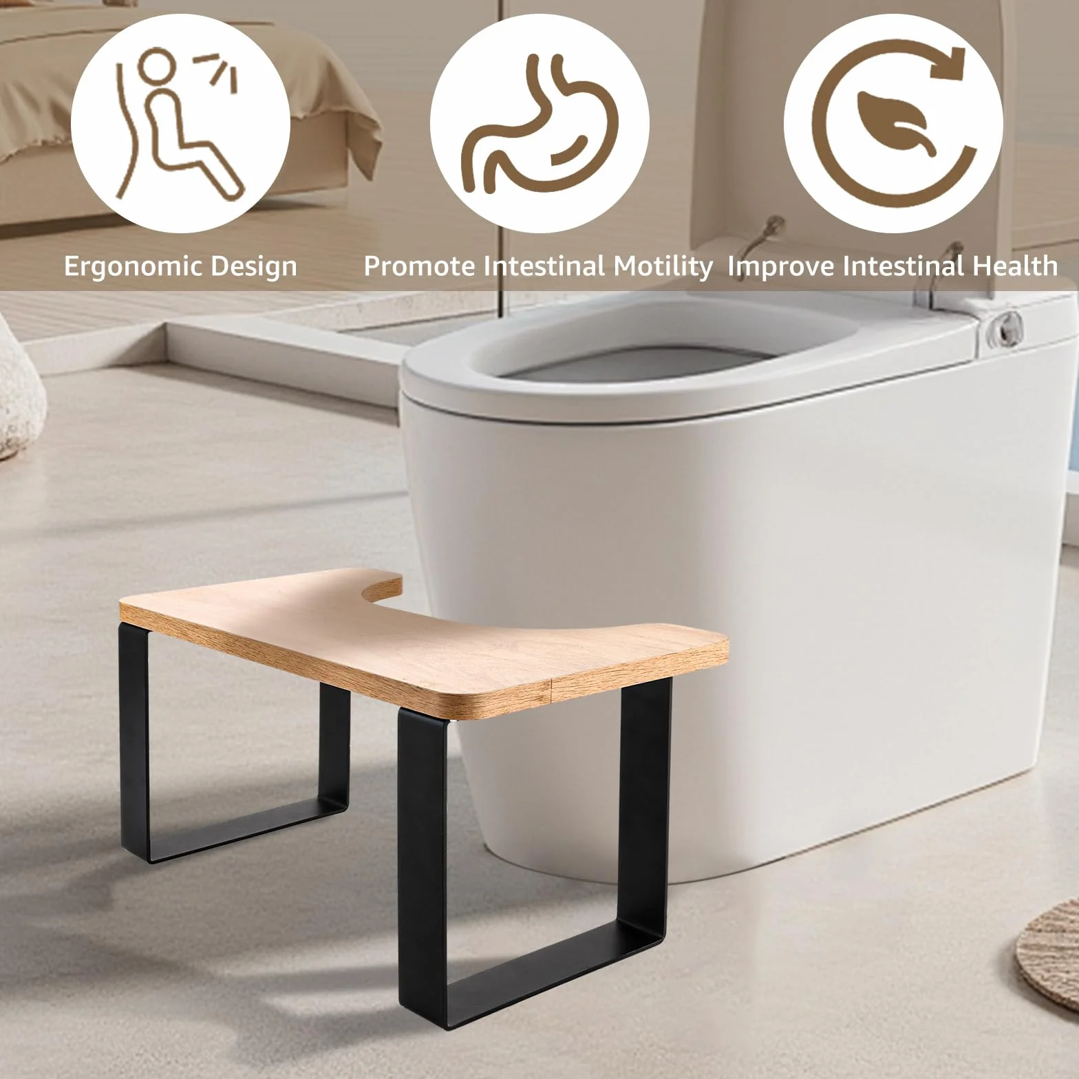Tabouret de toilette, pour adulte, en métal et bois, noir mat, pour développer une position assise correcte et confortable