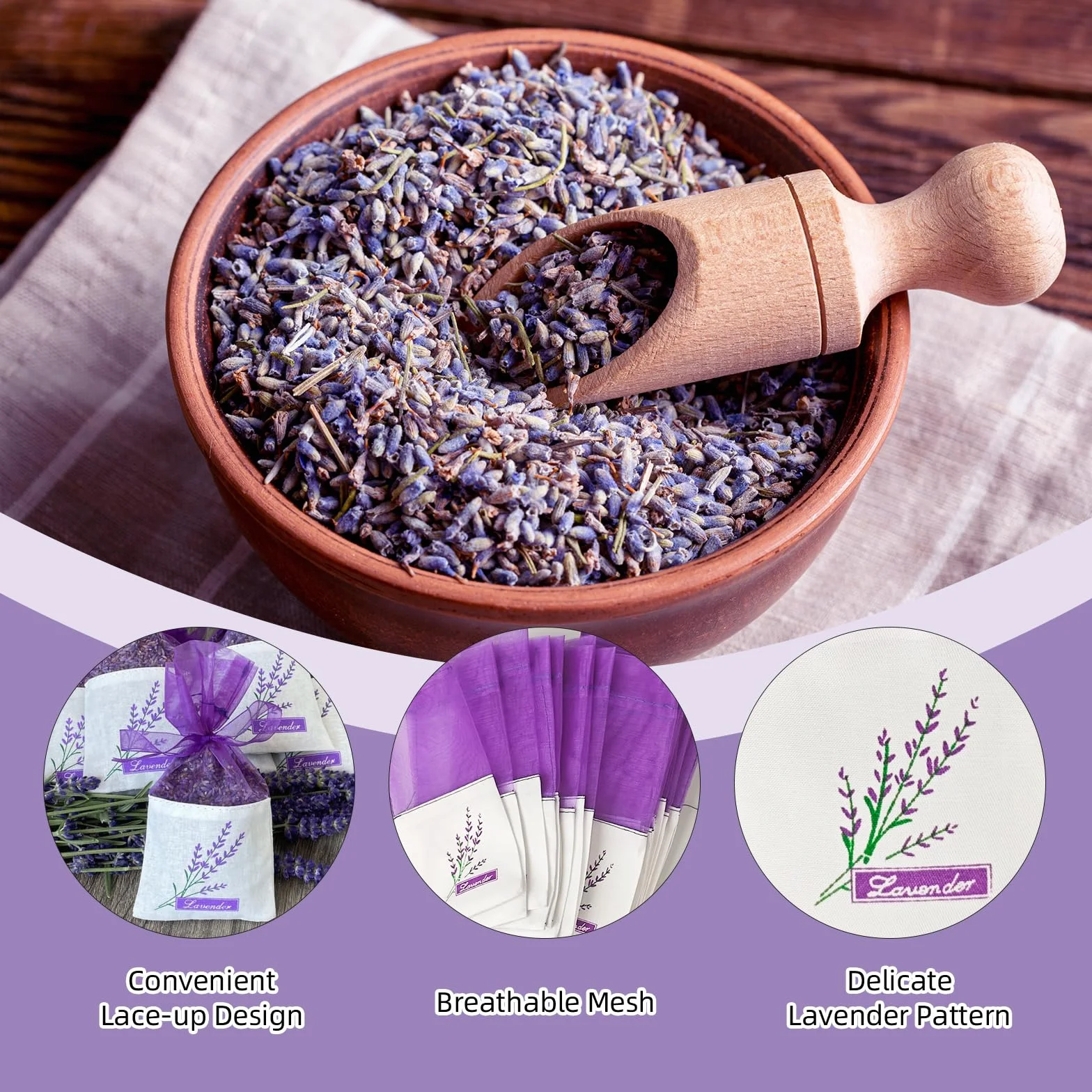 BigKego Lot 30 sachets lavande vides à remplir violet armoire ruban épices herbes