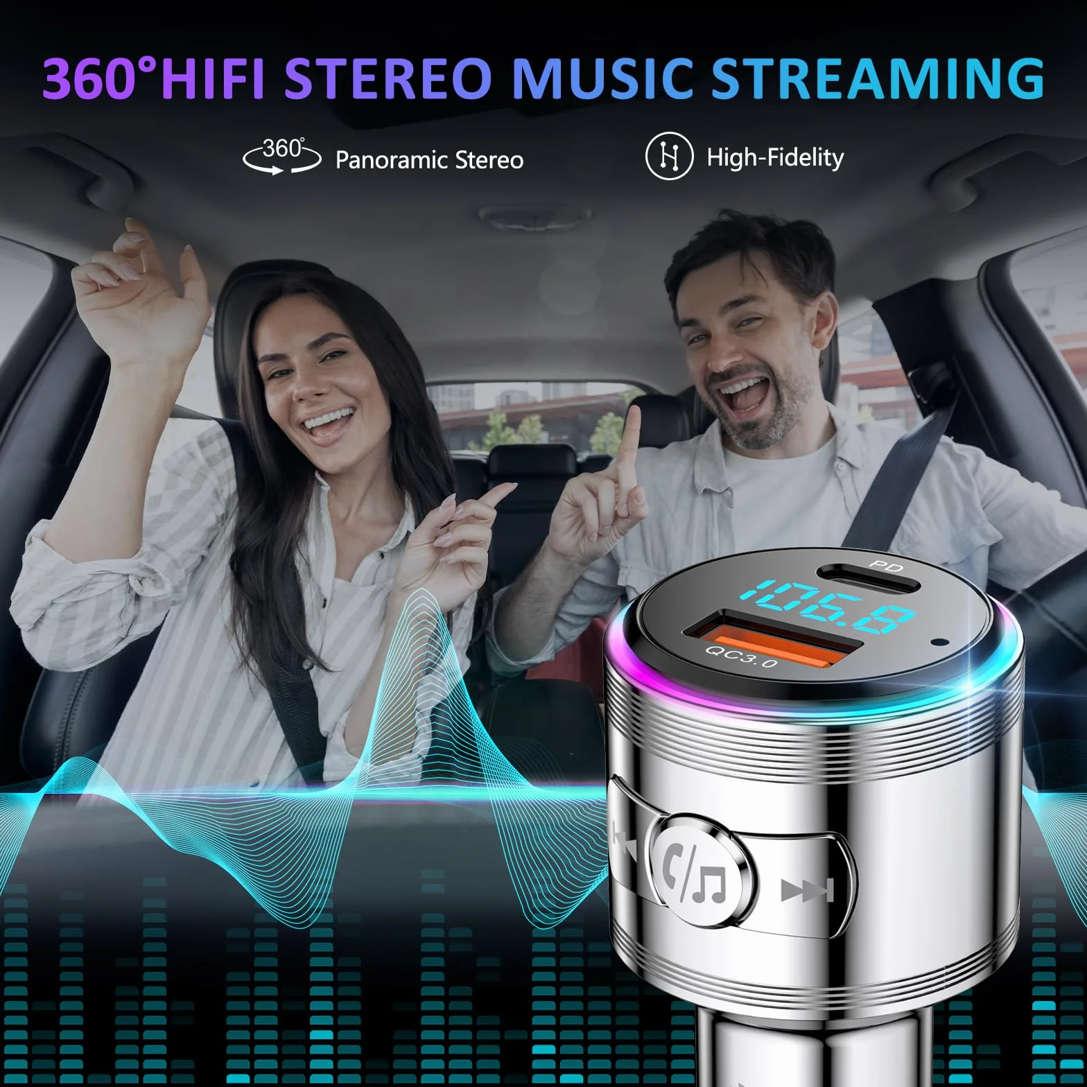 LENCENT 5.3 Samochodu Nadajnik FM Bluetooth, Bezprzewodowy Adapter Radiowy z D 20W Typ C+ QC3.0 ładowarka Fast USB, Zestaw Głośnomówiący, Zapalniczki Samochodowej, z Zestawem Głośnomówiącym, Hi-Fi