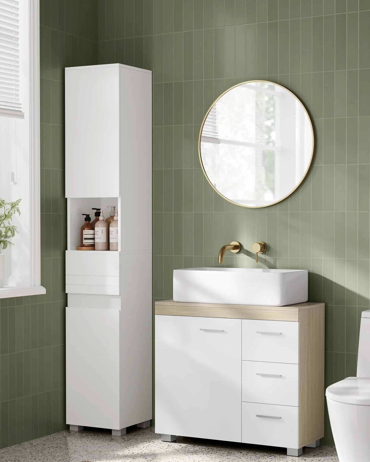 VASAGLE Meuble sous lavabo, Meuble de Salle de Bain, 3 Tiroirs Latéraux, 2 Cases derrière la Porte, pour Lavabos sur Colonne, avec Pieds, 30 x 70 x 64 cm, Blanc Nuage et Beige Naturel BBK504K01