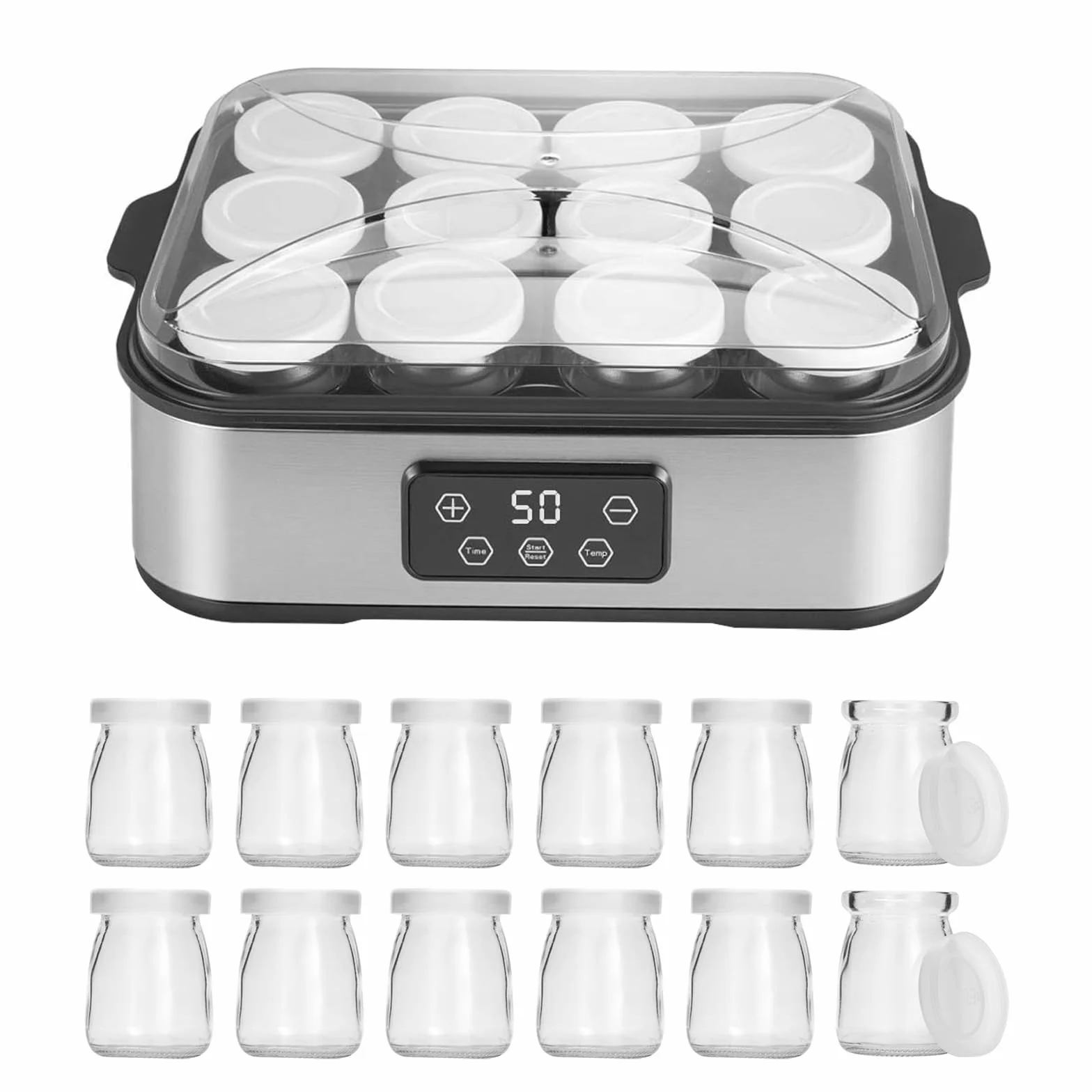 Yaourtière Électrique 2200 ml, avec 12 × 180 ml Pots en Verre, Machine à Yaourt Digitale Inox, Yaourtière Automatique pour Yaourt Maison, Fromage ou Natto