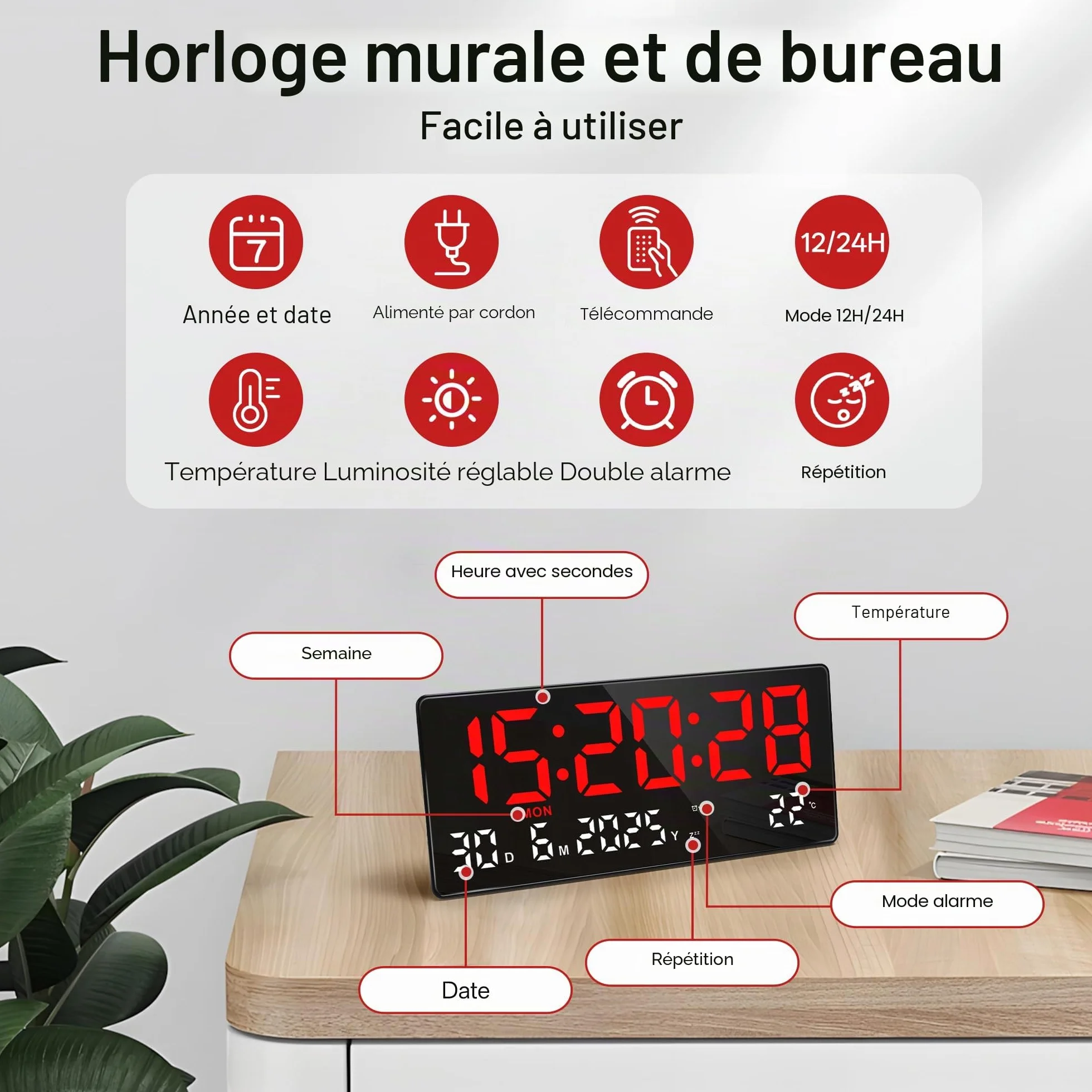 Lafocuse 15.5" LED Horloge Murale Numérique Grande Horloge de Bureau Digitale avec Télécommande