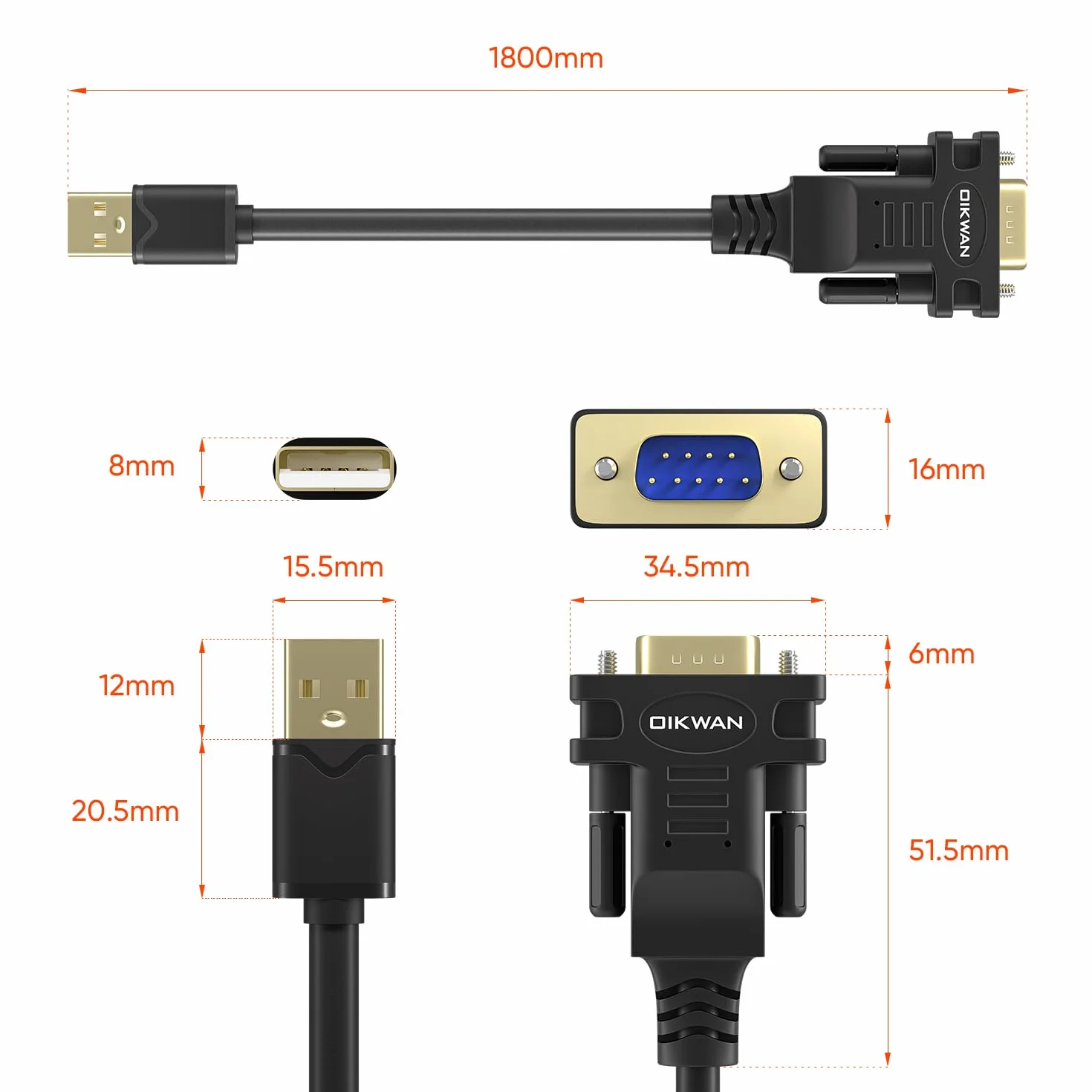 Adaptateur USB à RS232, câble série DB9 mâle FTDI 6ft pour Windows 11, 10, 8, 7, Linux, Mac OS