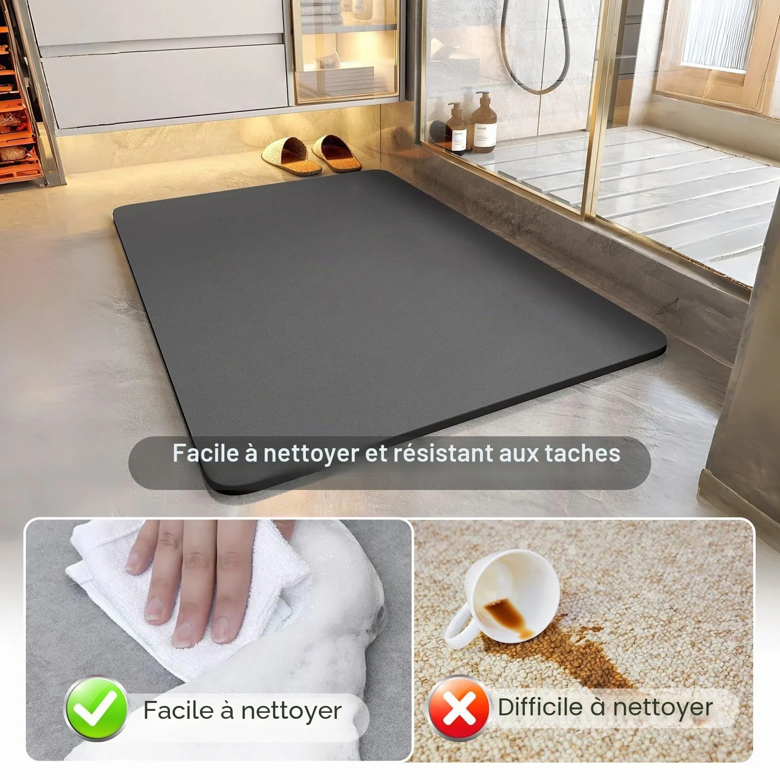 Tapis de Bain Diatomite 60x90cm Absorbant Mousse à Mémoire de Forme Gris Foncé