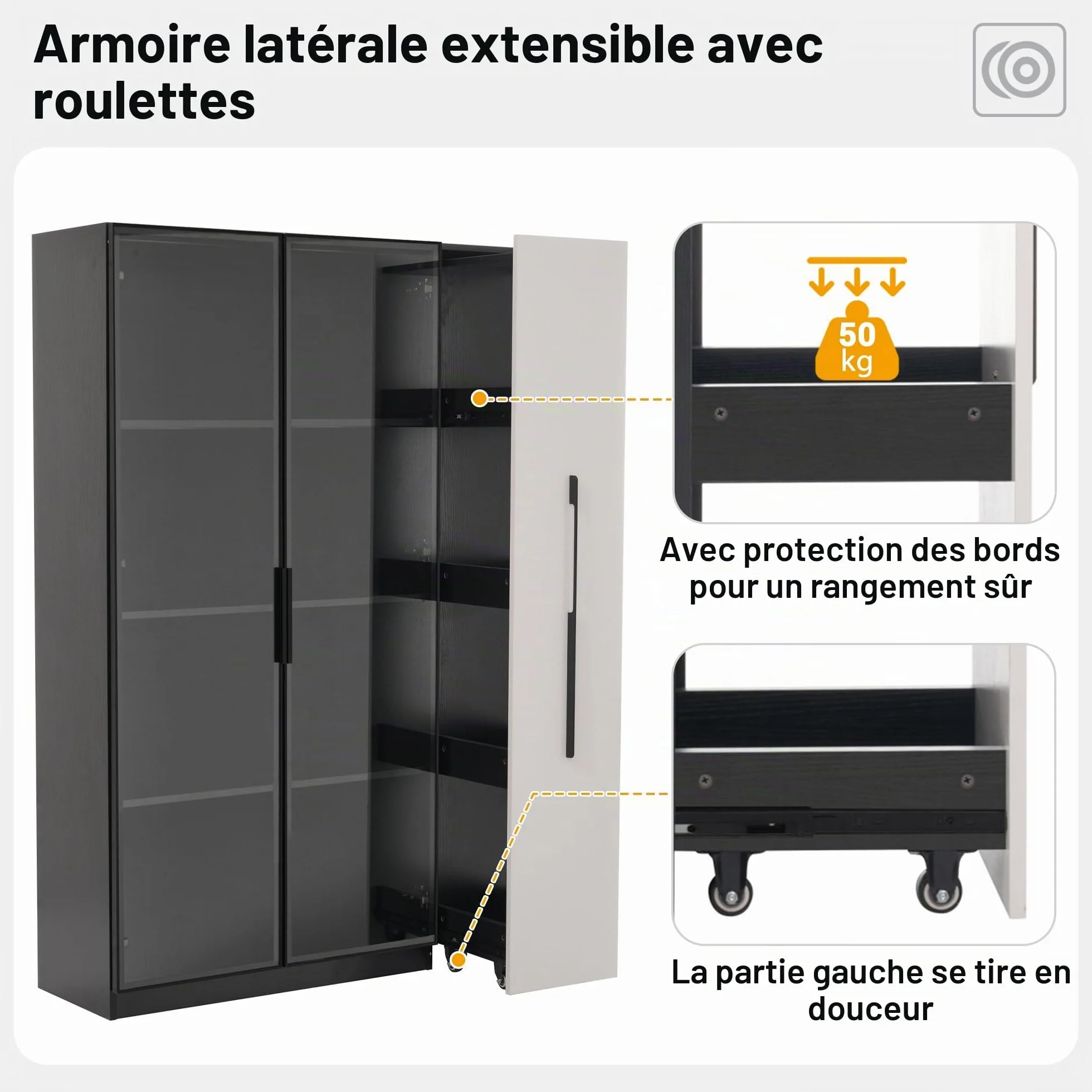 Merax Armoire multifonction 110,5 × 35 × 160 cm, vitrine avec LED, extension latérale, armoire à roulettes, bibliothèque, armoire de salle de bain, pour salon, bureau, salle à manger, noir et blanc