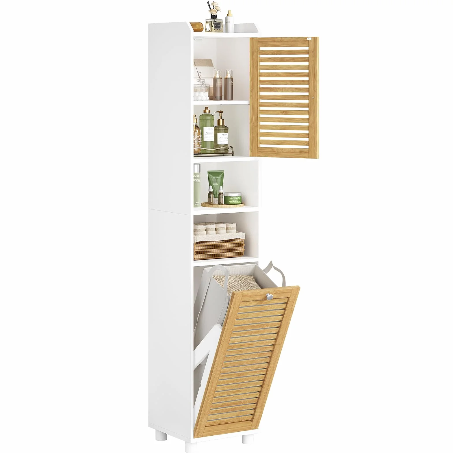 Meuble Colonne Salle de Bain, Meuble de Rangement avec Etagère Réglable, 2 Paniers à Linge, 2 Étagères Ouvertes et 2 Portes en Bambou, Armoire de Salle de Bain Haute, 30 x 30 x 170 cm