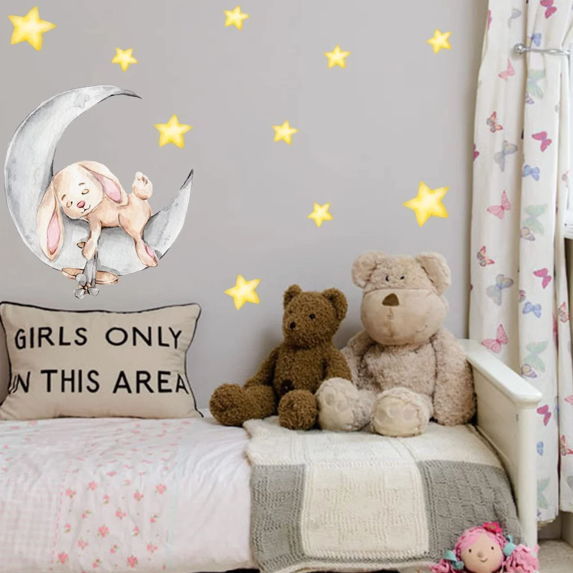 WandSticker4U Stickers Muraux Enfants LAPIN SUR LA LUNE 58x48 cm Autocollants Décoratifs Animaux Forêt Étoiles