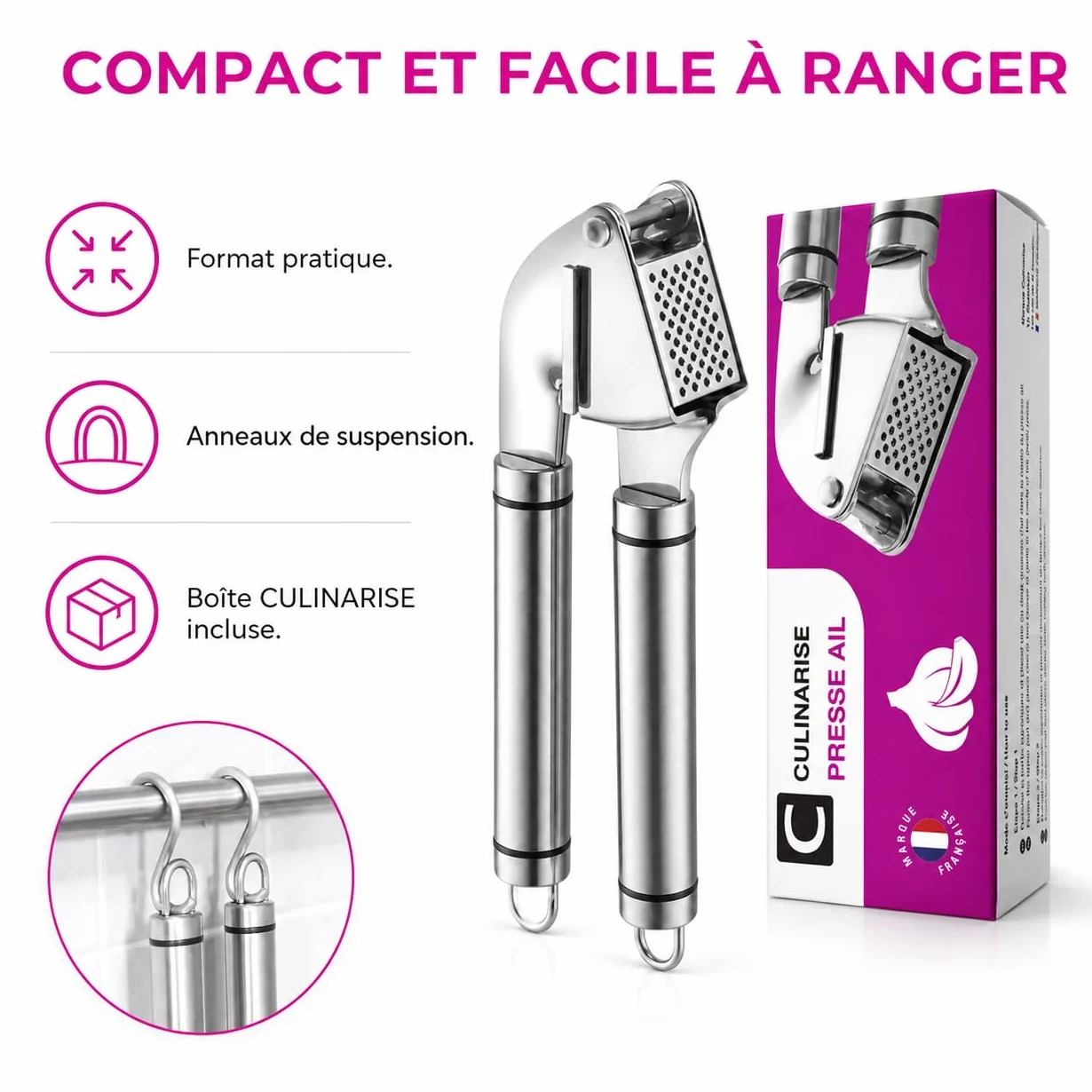 Presse Ail Inox 304 CULINARISE Professionnel Grande Cavité 1-2 Gousses Manuel