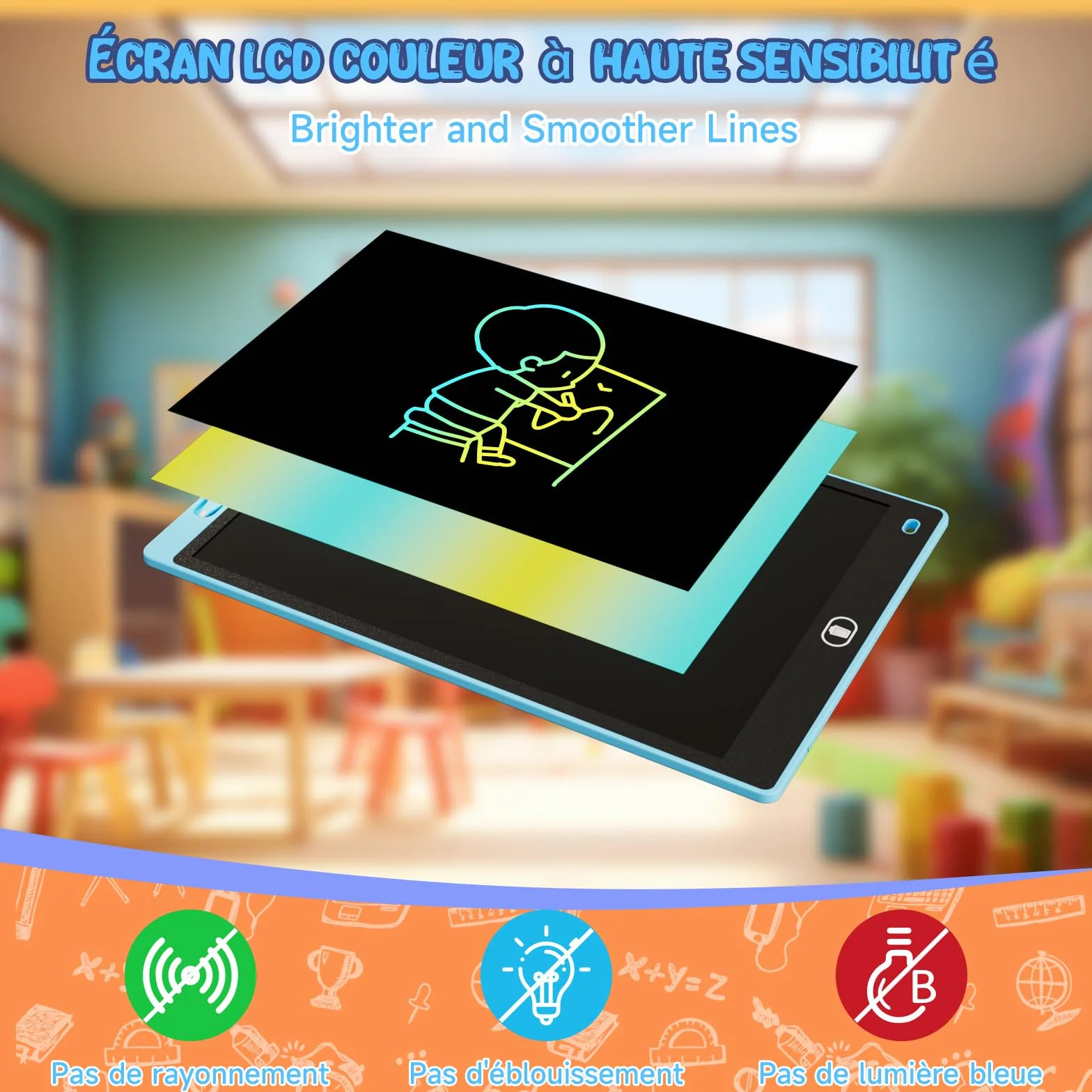 Tablette Dessin Enfant 12 Pouces LCD Colorée Ardoise Magique avec Verrouillage Effacement Jouet Educatif Bleu Rose