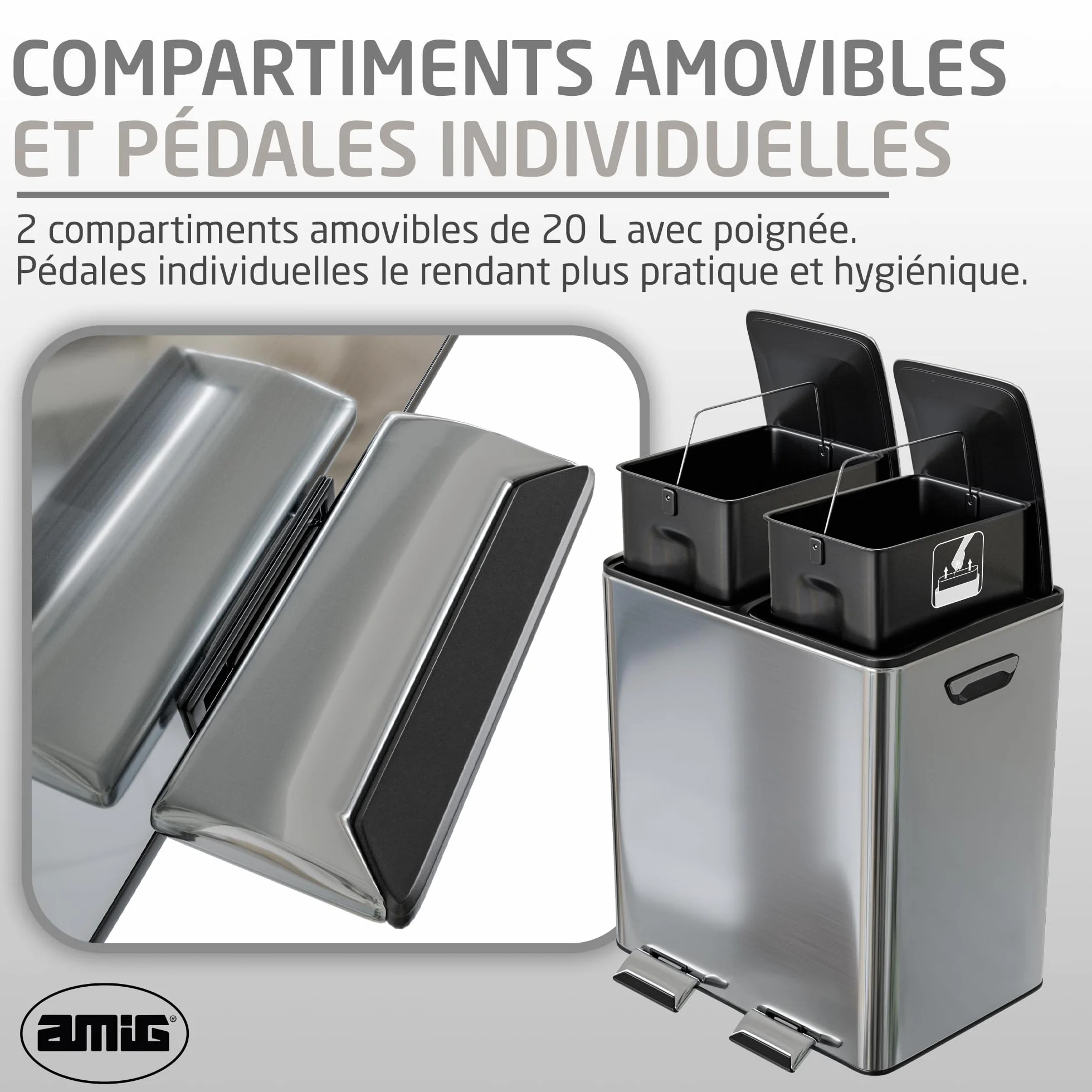 Poubelle de Recyclage Double Acier Inoxydable 45x30x52 cm 2x20 L RECIK EVO