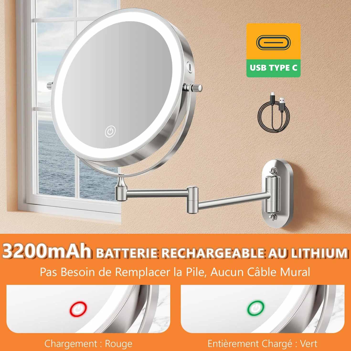 Auxmir Miroir Grossissant Mural 1X/30X, 3200mAh, 3 Modes Couleur, 360° Pivotant Extensible