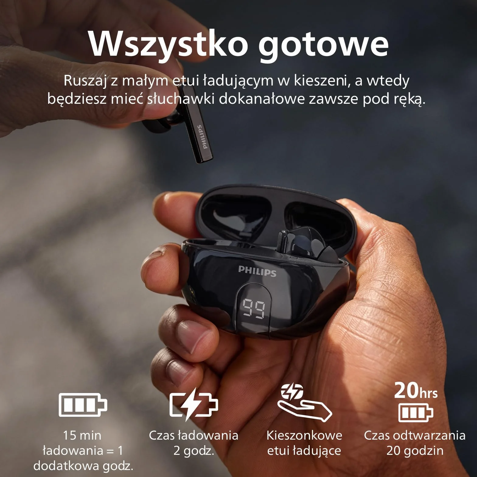 Philips TAT2520BK Słuchawki douszne z redukcją szumów Bluetooth True Wireless - małe końcówki, naturalny dźwięk, funkcja dynamicznego basu, kieszonkowe etui ładujące, wyraźne połączenia - czarne