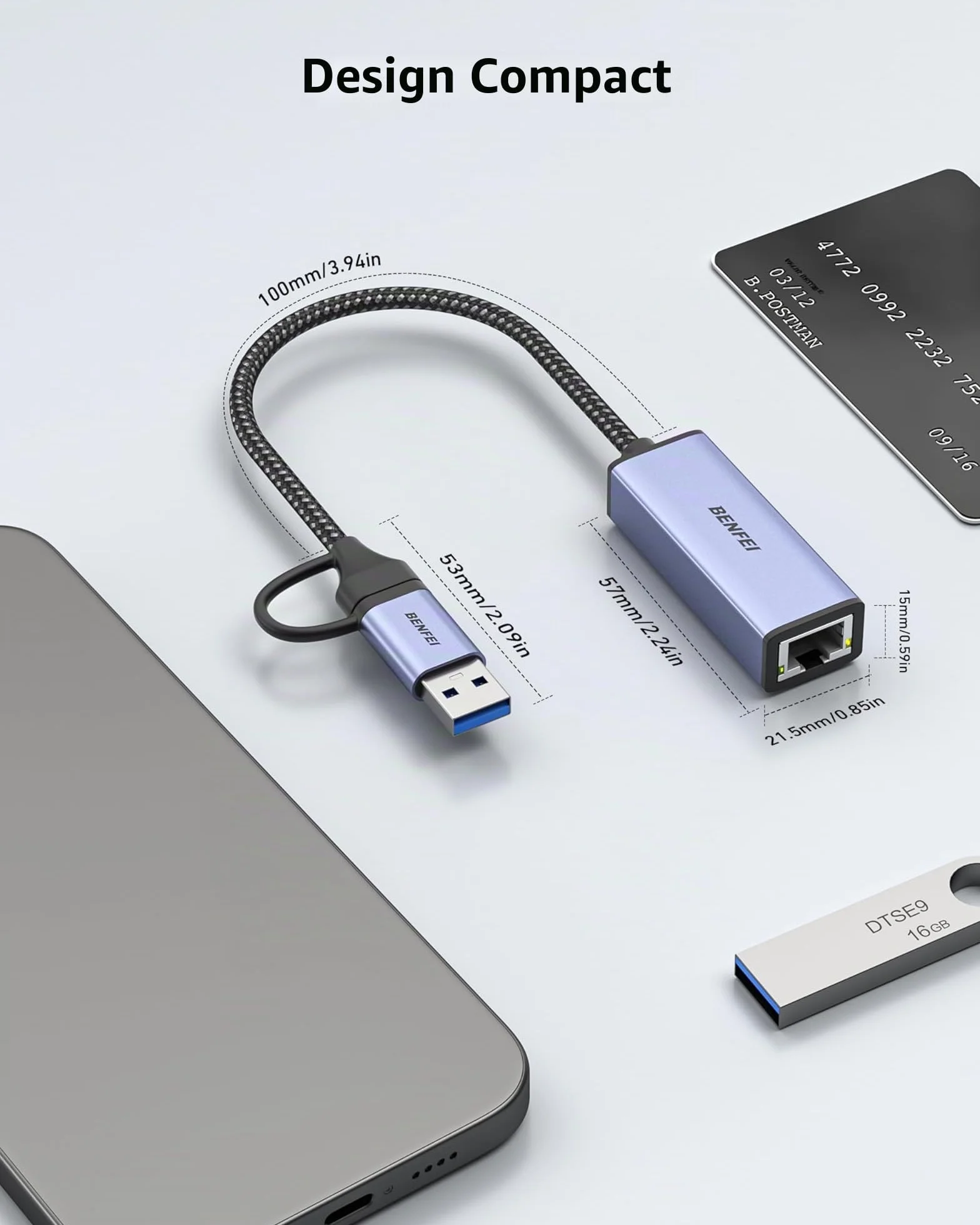BENFEI Adaptateur USB Ethernet 2-en-1 USB 3.0 USB C vers RJ45 LAN 1 Gbps