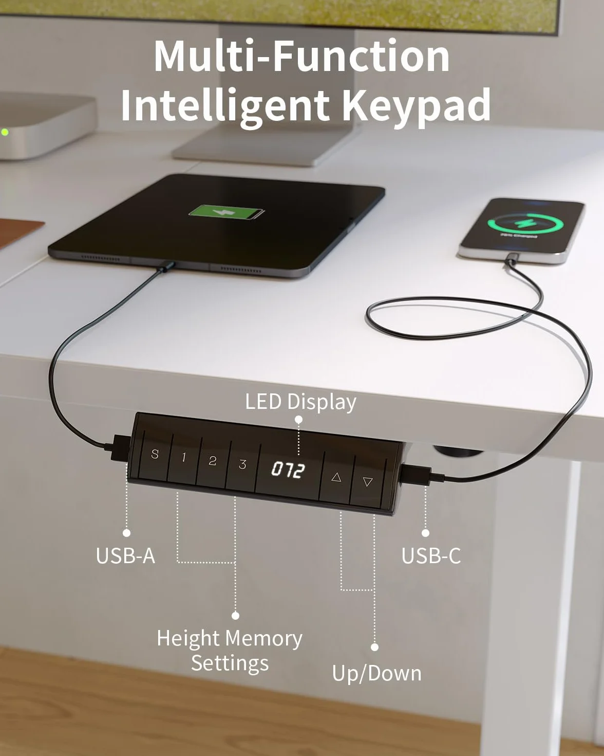 FEZIBO Bureau Électrique Réglable en Hauteur 120 x 60 cm avec Ports USB-A et USB-C, Blanc