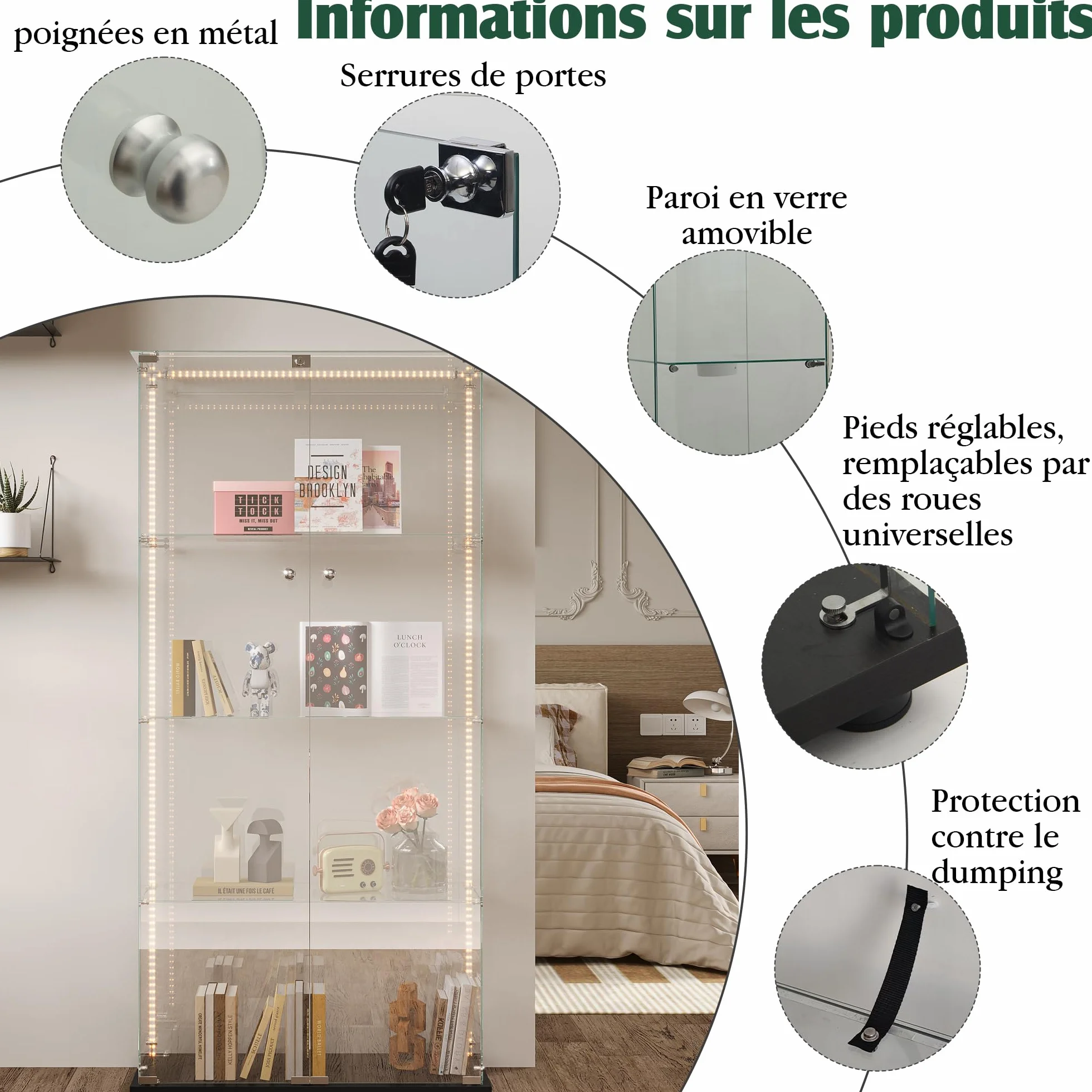 Vitrine en Verre à 2 Portes avec LED, Armoire de Présentation Moderne avec Serrure, Étagères de Rangement, Meuble Vitrine pour Salon, Chambre ou Bureau (Blanc L, 4 étages)