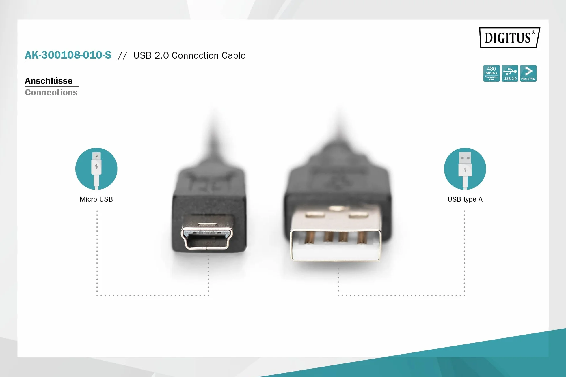 DIGITUS Kabel USB 2.0 – 1 m – USB A do typu Mini B (5 pinów) – 480 Mb/s – Kabel połączeniowy do komputerów stacjonarnych, notebooków, aparatów fotograficznych lub hubów – Polybag – Czarny