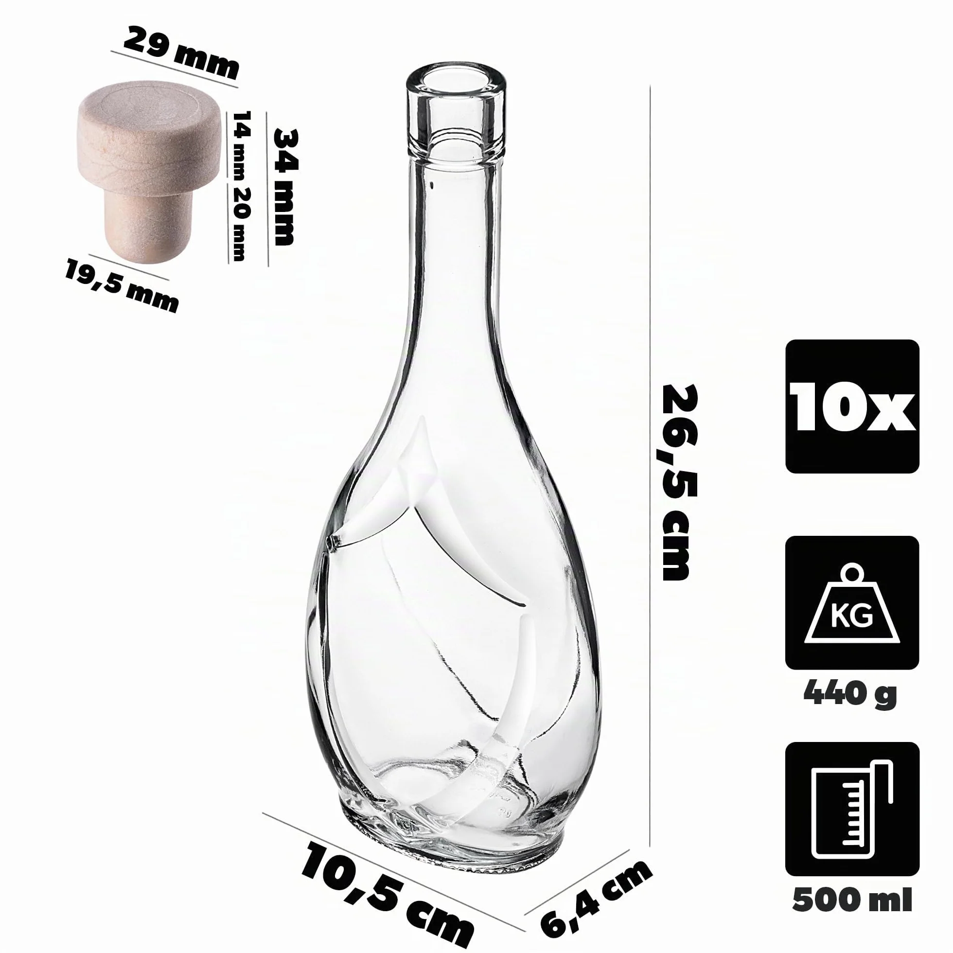 KADAX Lot de 10 bouteilles de liqueur vides en verre de 500 ml avec bouchon, pour remplir les liqueurs, le vin et l'alcool, bouteilles décoratives, bouteilles de vin en verre