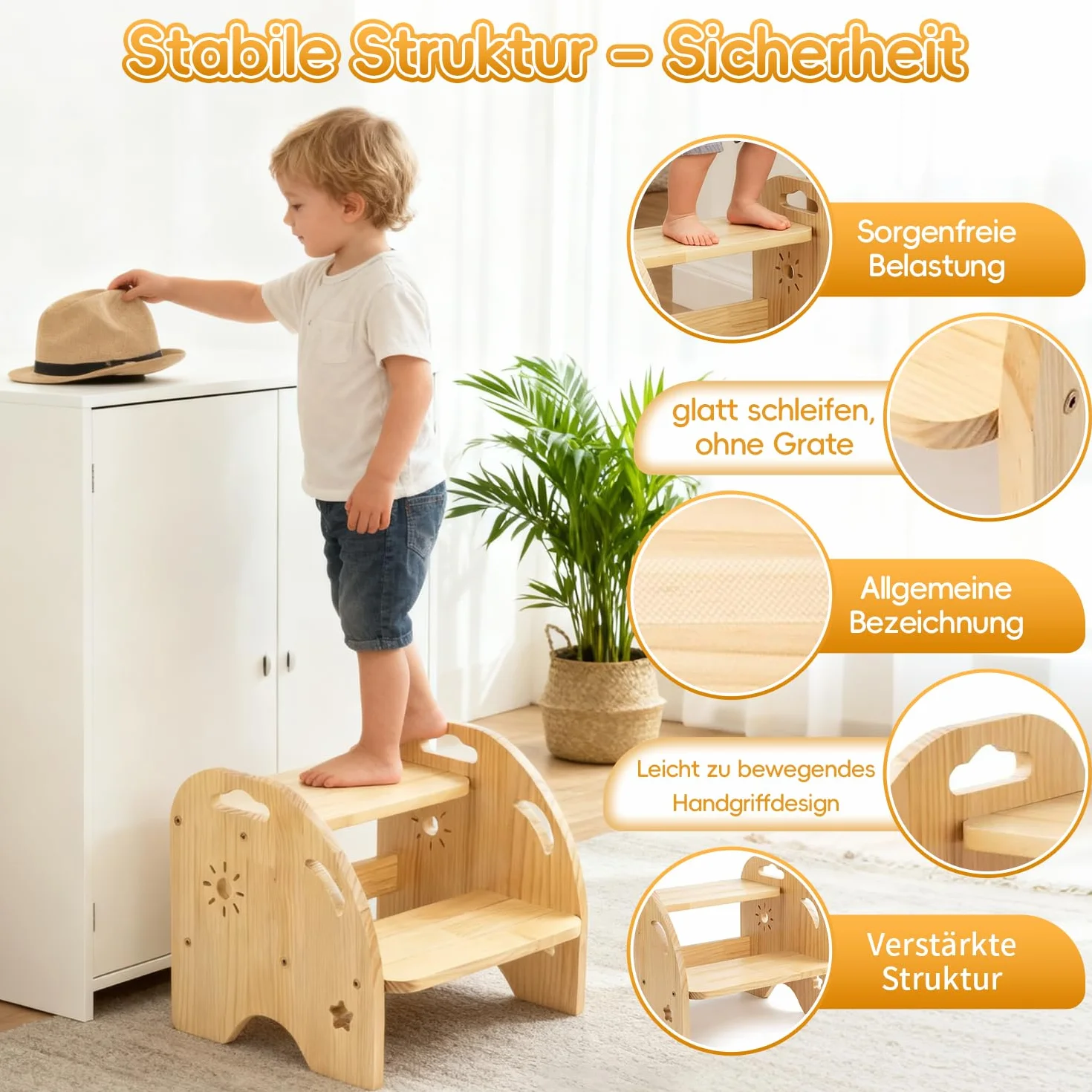 Escabeau pour Enfants,Tabouret en Bois,Petit Repose-Pieds,Marchepied en Bois pour Enfant à 2 Marches,pour Cuisine Et Salle De Bain à Partir De 2 Ans