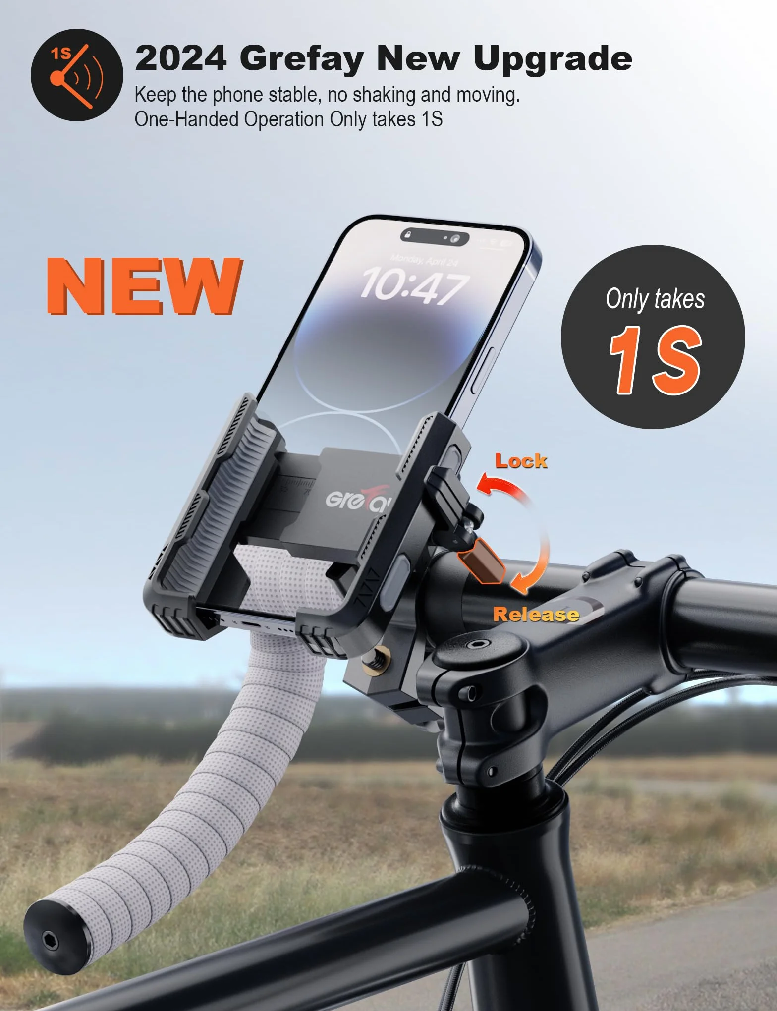 Grefay Uchwyt na Telefon Rowerowy (Szybki Demontaż 1S) Uchwyt Telefon Motocyklowy z Obrotem 360 na Zewnątrz Uchwyt na Telefon na Kierownicę do Scooter do Smartfona 4.5-7.0