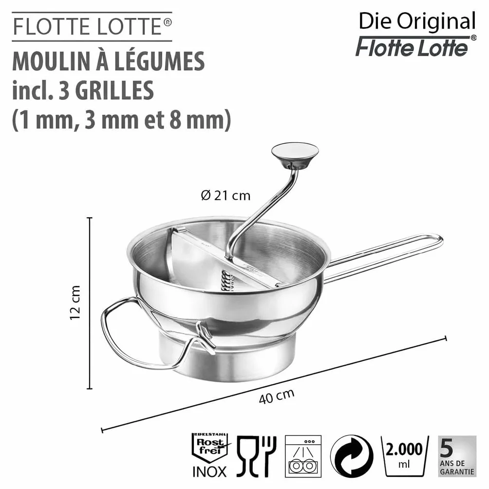 FLOTTE LOTTE® Moulin à légumes 3 disques perforés 1 mm 3 mm 8 mm