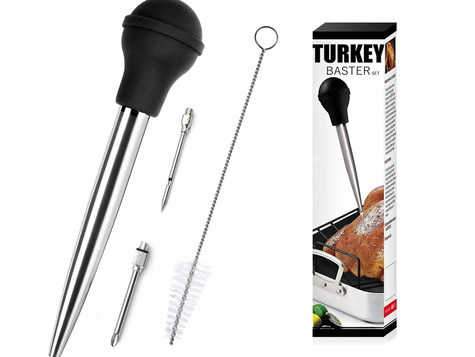 Seringues à Rôtir en 304 Acier INOX, Poires à Sauce avec Aiguille d'Injection et Brosse de Nettoyage