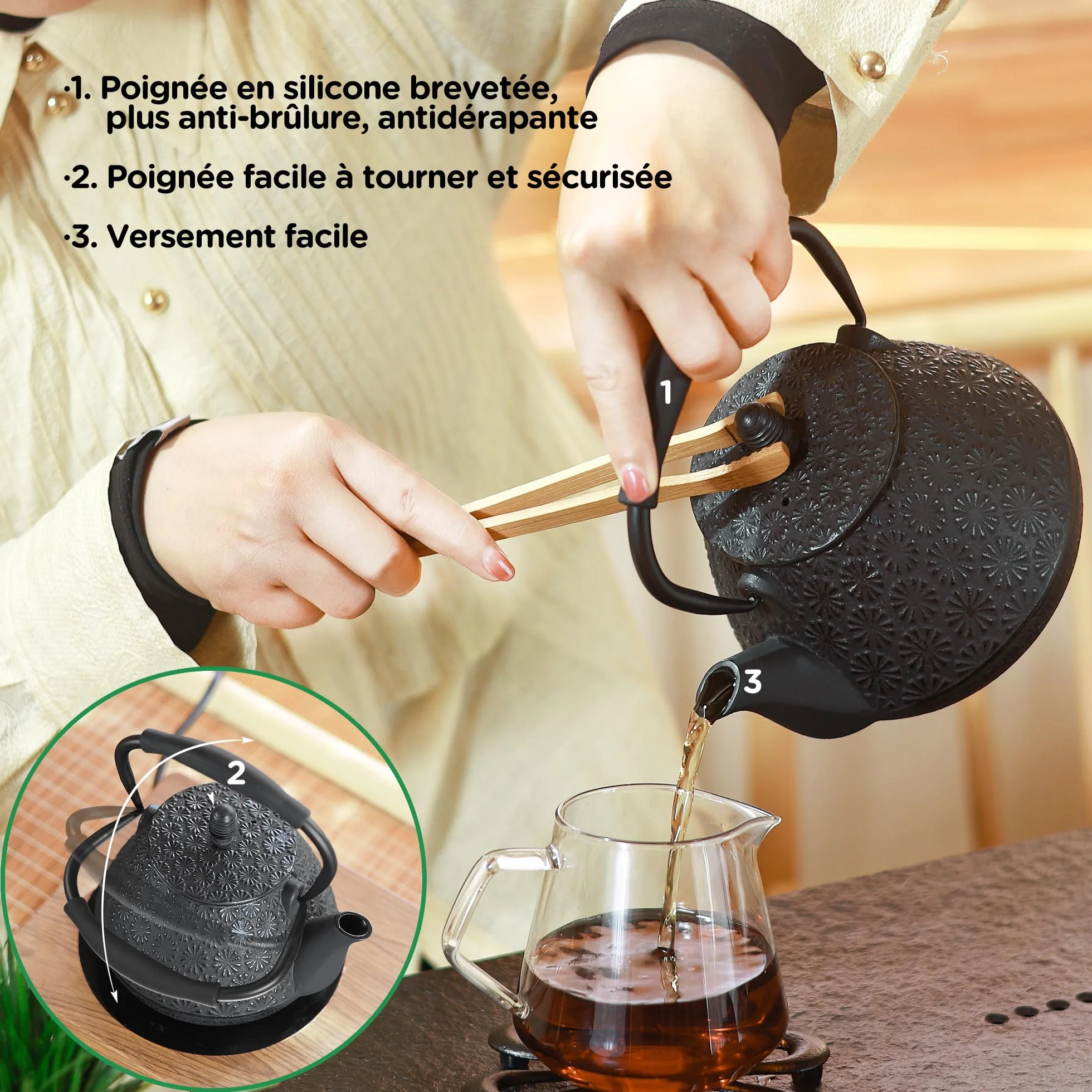 Théière en fonte japonaise à motif de sakura en émail, 950 ml, avec infuseur pour thé en feuille et café, poignée en silicone, sûre pour la cuisinière, 32 oz bleu