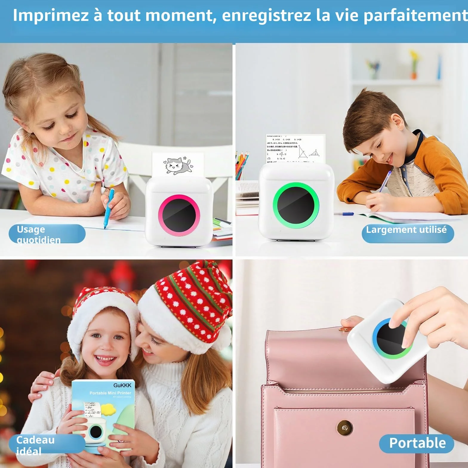 Mini Imprimante Photo Instantané sans Fil Portable, Imprimante Thermique BT avec LED Sept Couleurs (Blanc)