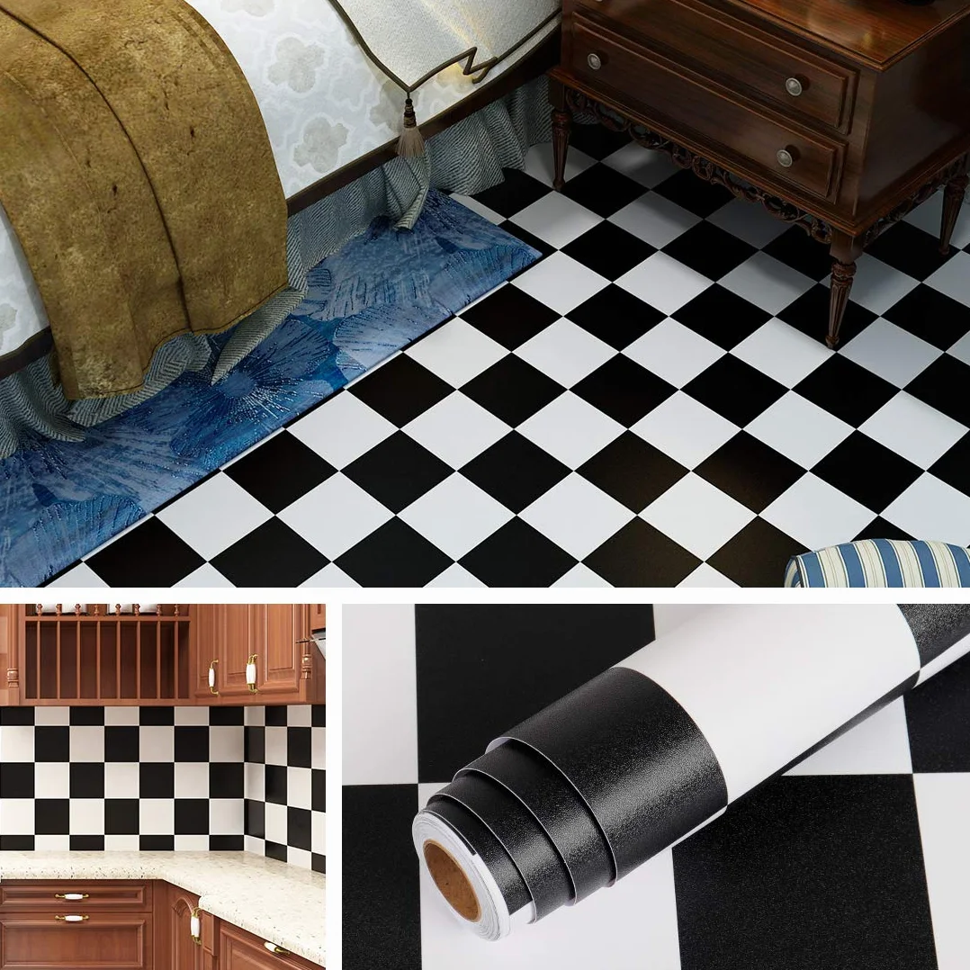 Livelynine Dalle PVC Adhesive 40cm x 10m Carrelage Adhésif Mural Imperméable Noir et Blanc Vinyle Stickers Cuisine Salle de Bain