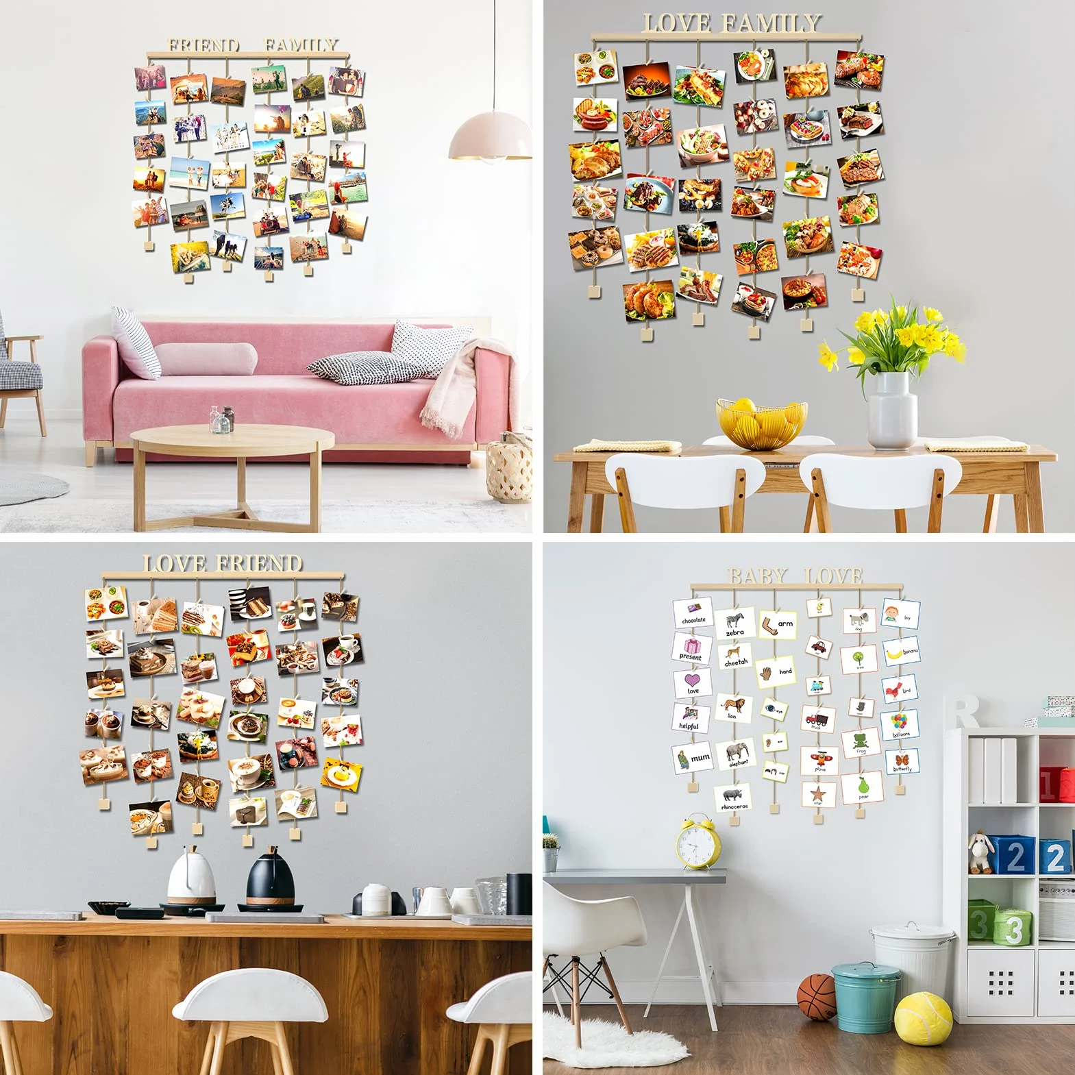 Cadre Photo Pele Mele Mural en Bois Décoration Maison avec Pince et Lettres