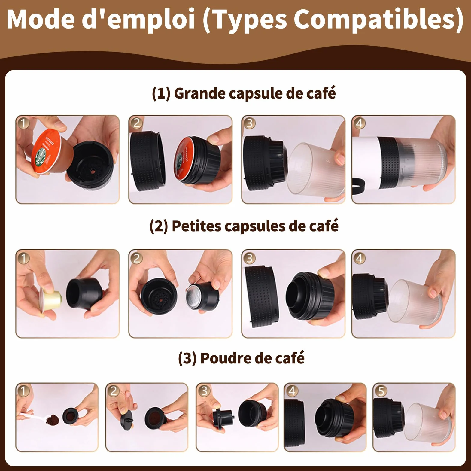 Machine a Cafe Portable avec Support,Cafetière Portable 3 en 1,Affichage Intelligent Machine a Cafe Compatible avec Cup et Café Moulu (Marron)