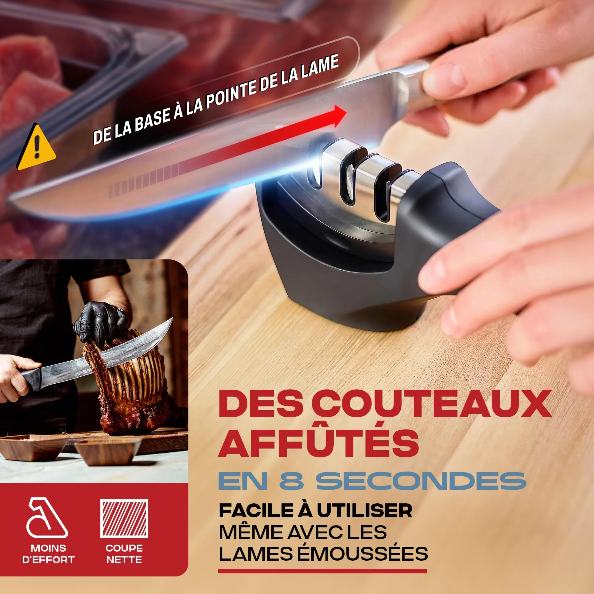 PORTENTUM Professionnel Aiguiseur Couteaux Manuel 3 Phases Cuisine