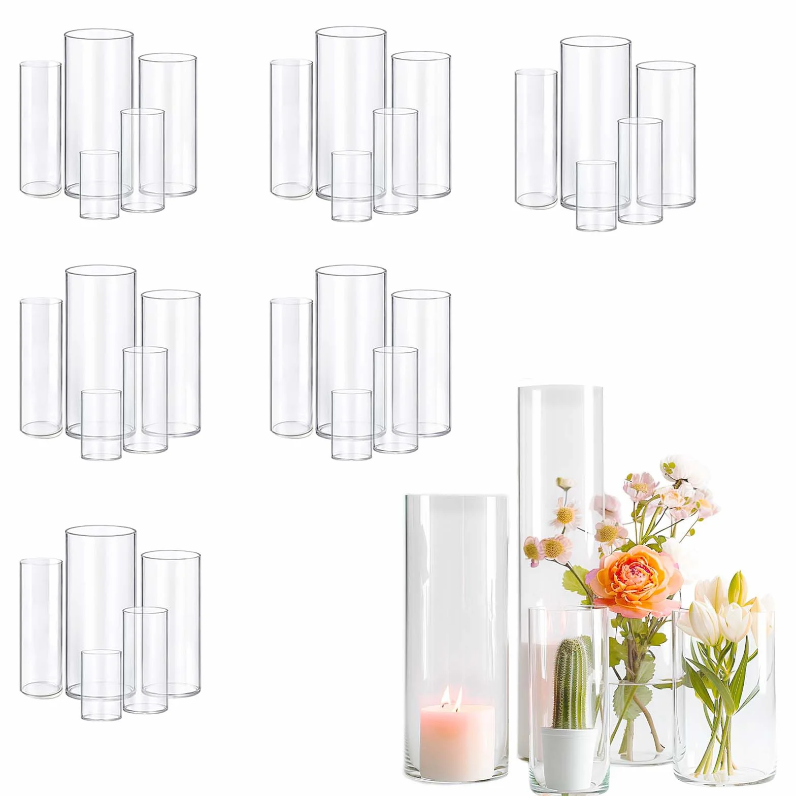 Lot de 30 vases cylindriques en Verre pour Les décorations, Peuvent être utilisés pour Les décorations de fêtes Mariages (30, 10+15+19+20+25 cm)