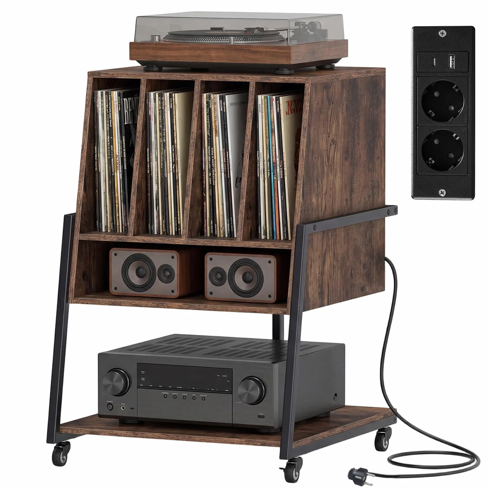 KOMFOTTEU Meuble Platine Vinyle avec Roulette, Support de Tourne-Disque, Compartiments & Étagère inférieure, Meuble Tourne-Disque, 54 x 57 x 76,5 cm (Marron, avec Station de Recharge)