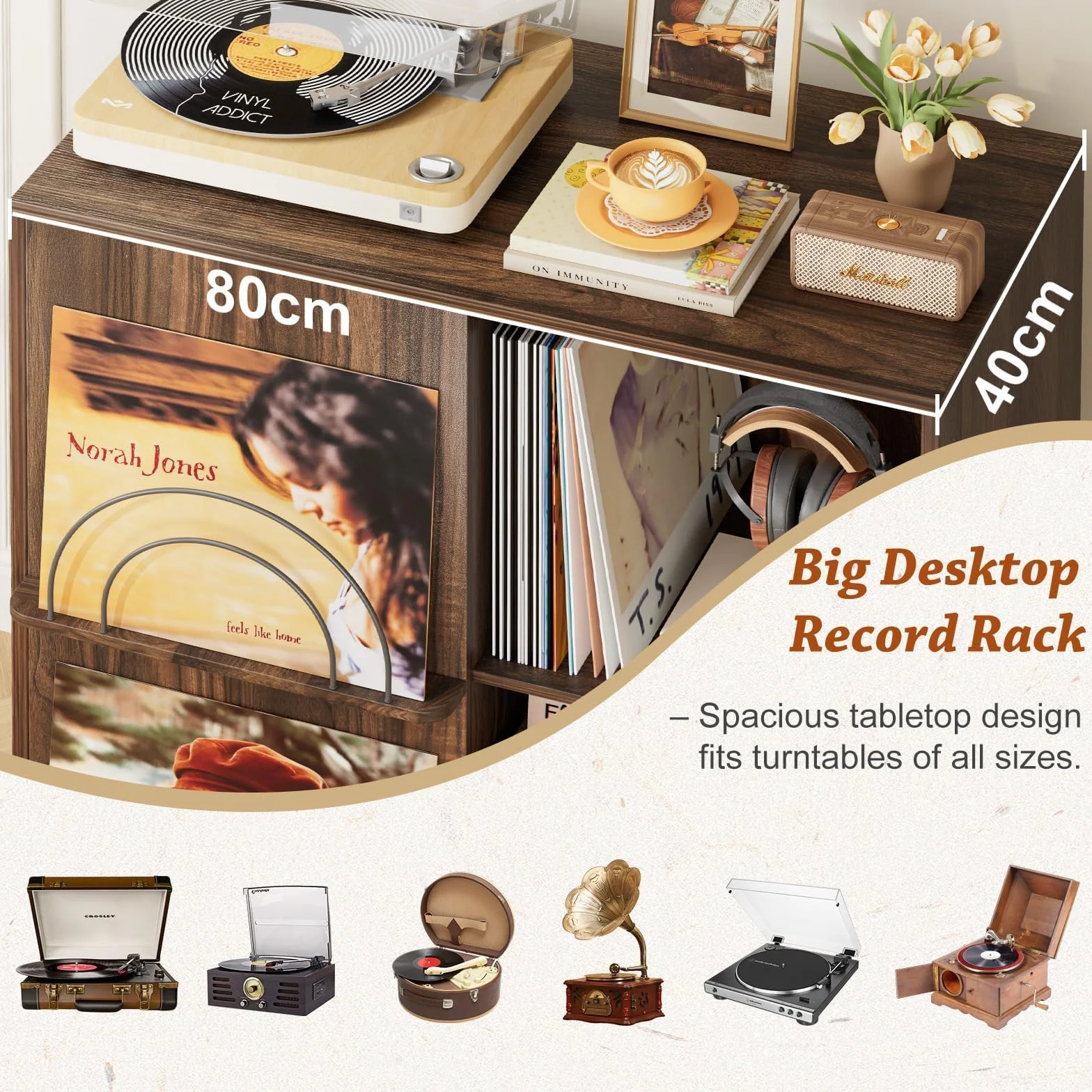 Bikoney Meuble Platine Vinyle avec Présentoir et 2 Tiroirs – Support en Bois et Meuble TV, Porte Vinyle pour Toutes Les Platines et Enceintes, Rangement pour Salon ou Chambre
