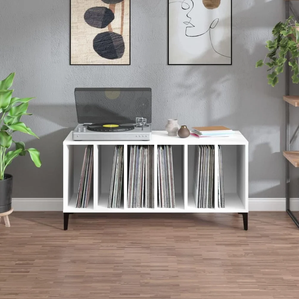 Tomostar Support pour Tourne-Disque, Porte-disques Présentoir Meuble de Rangement pour Disques Vinyles Blanc 100x38x48 cm Bois d'ingénierie