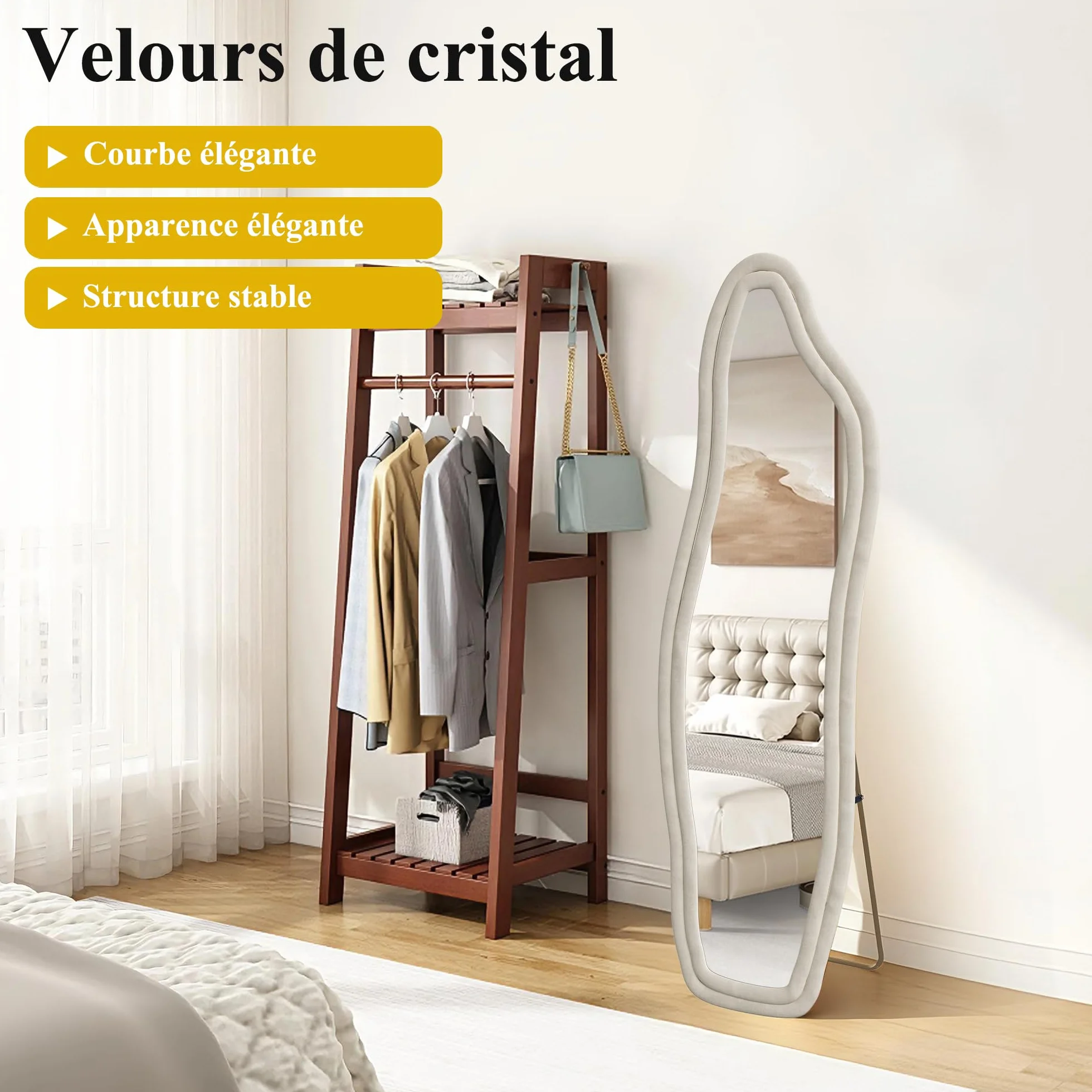 Miroir sur Pied 160 x 50cm Blanc Vague Bordure Velours Suspendable Chambre