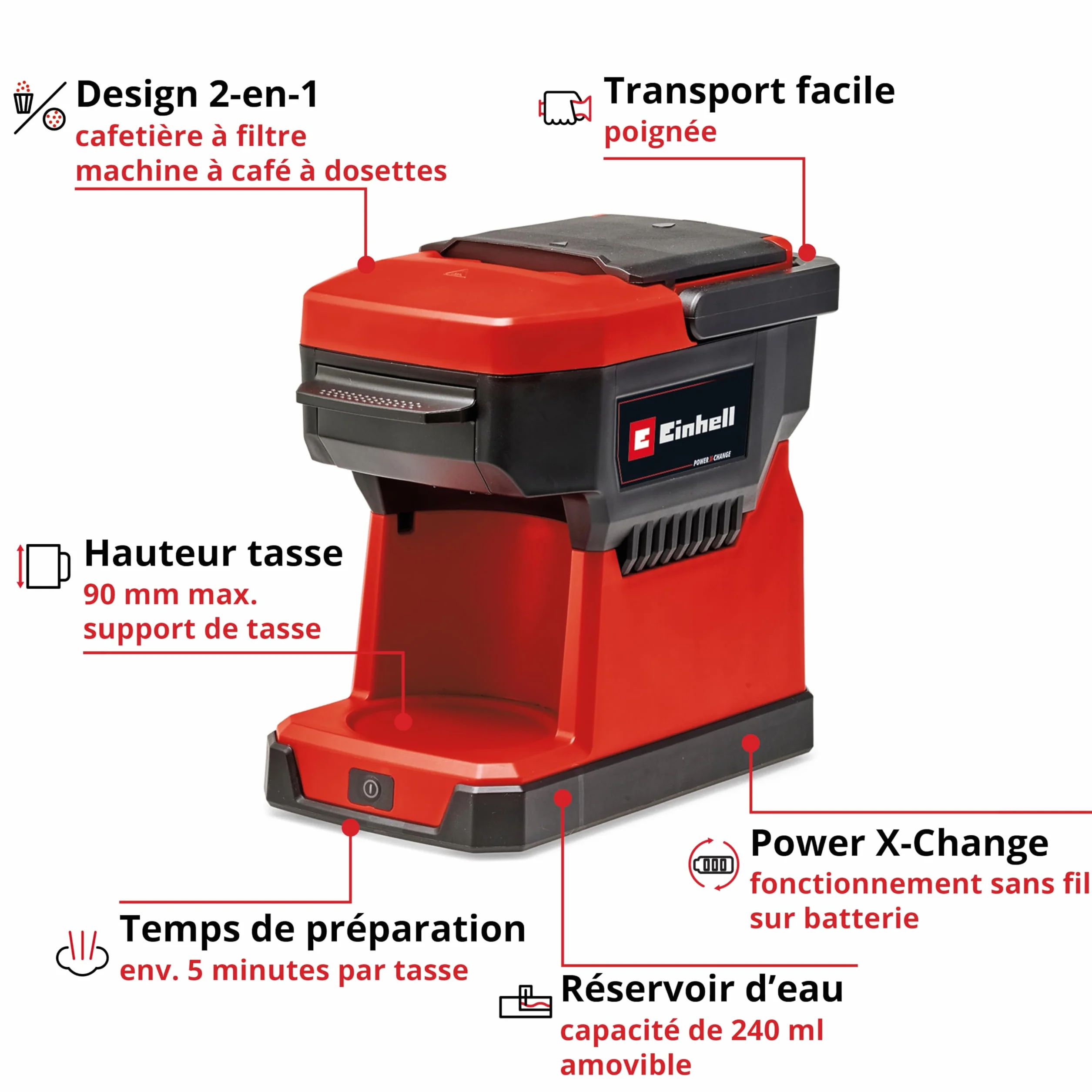 Einhell Machine à café sans fil TE-CF 18 Li-Solo Power X-Change (18V, 2-en-1 : machine à café filtre et machine à café à dosettes) Livré sans Batterie ni Chargeur