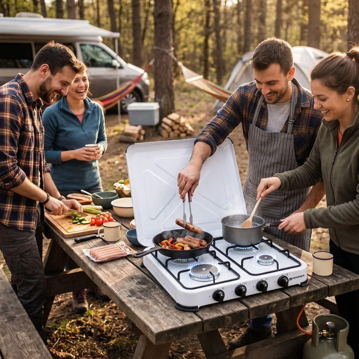 KEMPER - Plaque de cuisson gaz portable 4 feux - Réchaud gaz 4650W Blanc Couvercle et grilles amovibles Ideal Camping, Balcon, Cuisine Exterieure