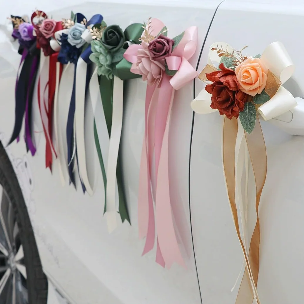 Lot de 4 Nœuds de Voiture en Soie Simulation Rose pour Mariage Décoration Poignée de Porte Rétroviseur