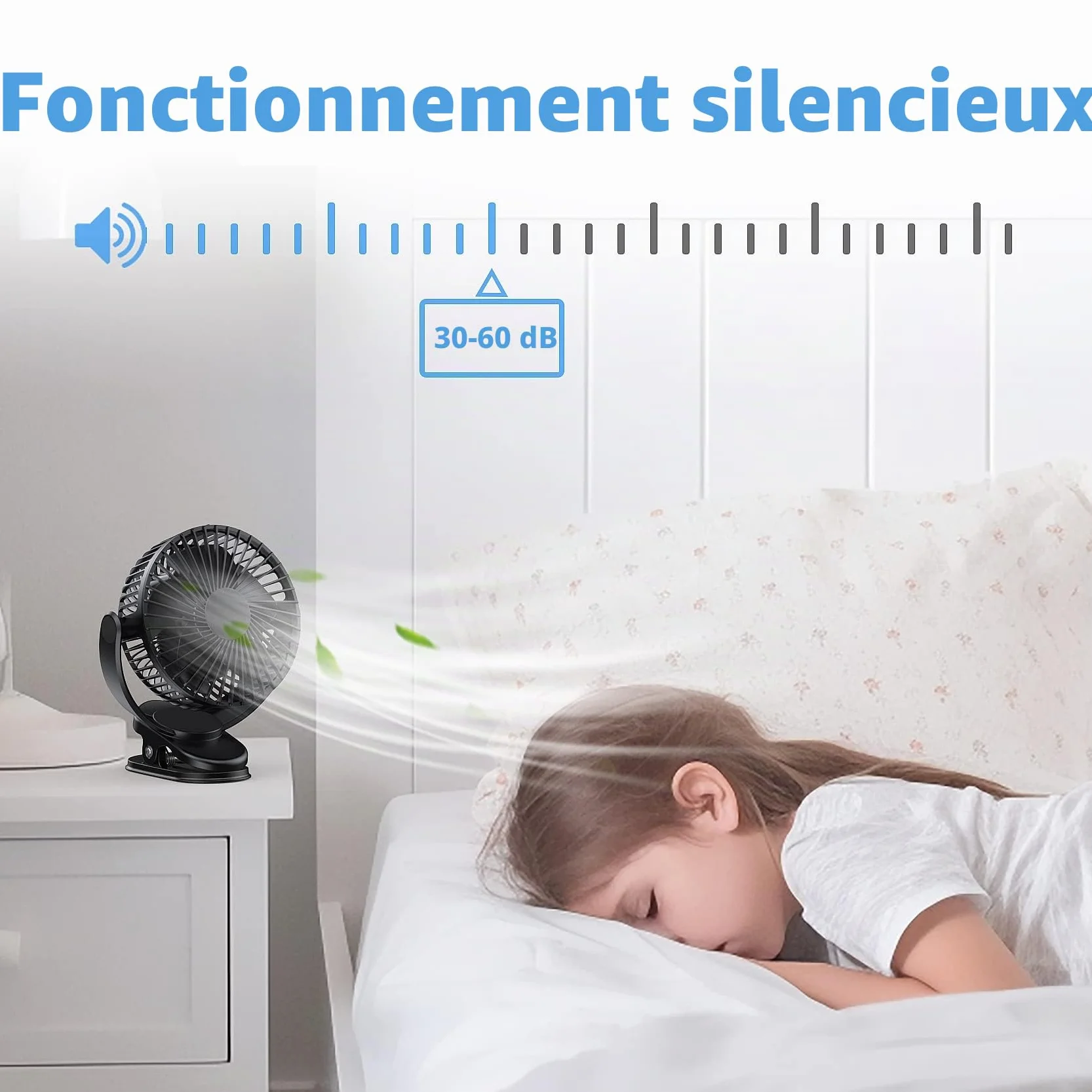 ATEngeus ventilateur Pince USB 5 inch avec batterie 5000 mAh, Portable Petit Ventilateur de Bureau, 3 vitesses, double rotation à 360°, avec câble USB, convient pour les familles, les bureaux